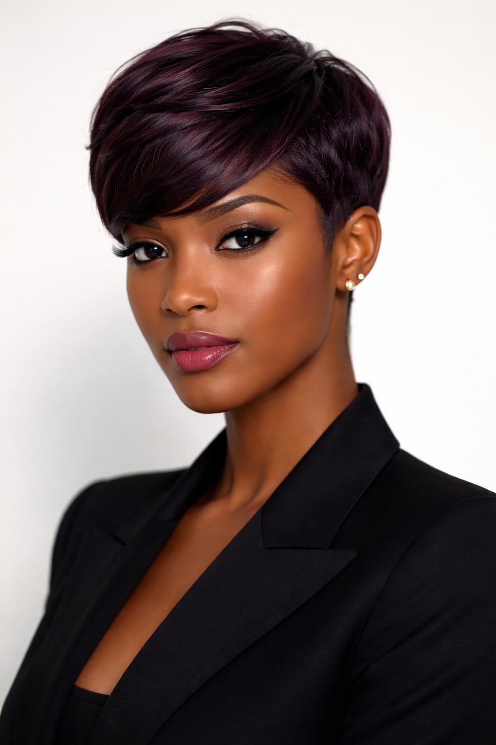 Image Prompt: A chic Black woman with a short eggplant plum pixie cut, neatly shaped sides, soft swoop at the front, rich deep purple-plum hair color with smooth shine, dark brown skin, defined lashes, soft berry lip, small gold earrings, tailored black blazer, clean studio background, sharp beauty editorial photography, realistic DSLR image, no text, (no watermarks on images)