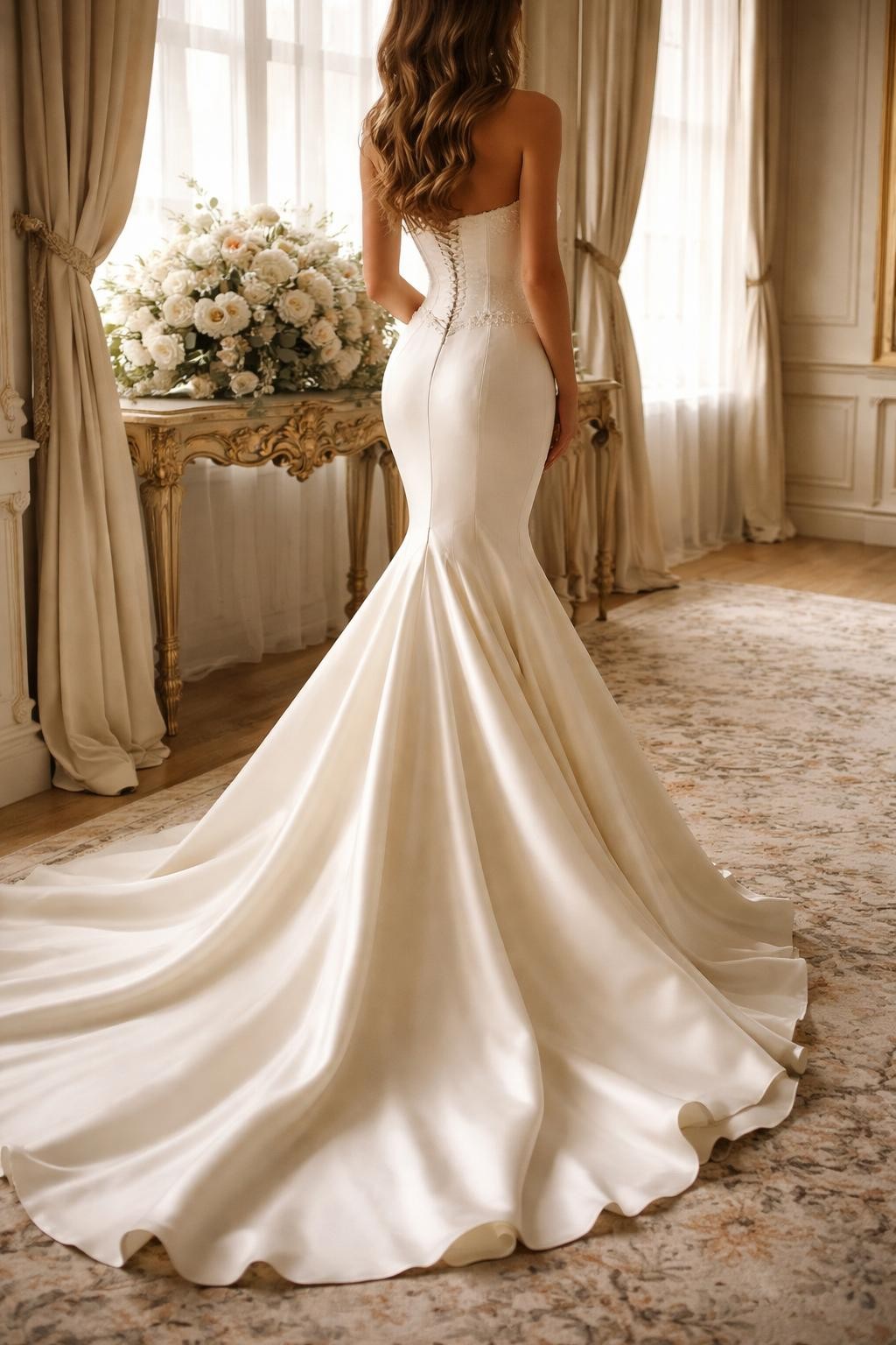 Image Prompt: A luxury bridal editorial photo of a basque waist mermaid wedding dress in an elegant chapel or grand bridal suite. Show the bride from the neck down only, or from a back three-quarter angle so the face is fully hidden. The gown features a fitted bodice with a basque waist, a sculpted mermaid silhouette, and a soft flared skirt with a sweeping train. Use natural light, realistic satin or crepe texture, high-end bridal magazine styling, no visible face, no text, no watermark. (no watermarks on images)