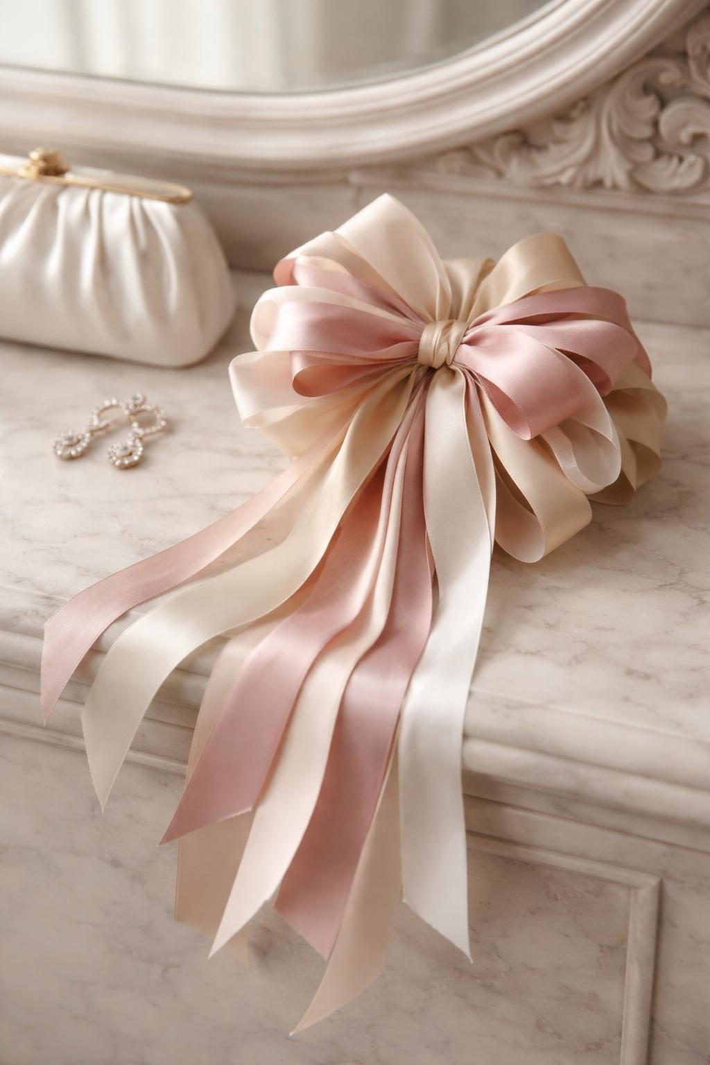 Detailed Image Prompt: A romantic ribbon bouquet with no flowers, made from flowing silk ribbons in ivory, blush pink, champagne, and dusty rose, tied in layered loops with long ribbon tails, placed on a marble vanity with bridal earrings and a silk clutch nearby, soft editorial wedding detail photography, no people, no faces, delicate natural light, realistic DSLR image, no watermarks on images.