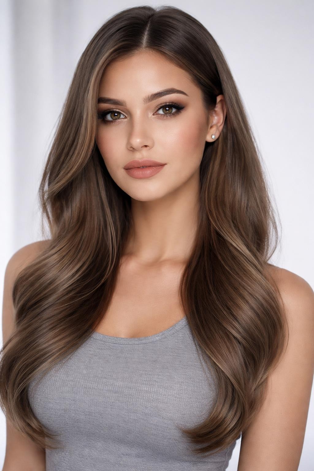 Image Prompt: A beautiful woman with neutral skin tone and long light ash brown hair, cool-toned soft brown shade with smoky undertones, sleek loose waves, soft neutral makeup, nude matte lips, small silver earrings, fitted gray top, clean modern studio background, soft cool lighting, realistic DSLR beauty portrait, detailed cool brunette shine and smooth texture, no text, (no watermarks on images)