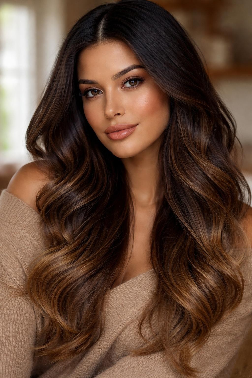 Image Prompt: A beautiful brunette woman with long dark brown hair fading into soft caramel ends, glossy dark roots and mid-lengths blending into warm caramel tips, loose waves, warm brown skin, natural glam makeup, nude gloss, camel sweater, cozy indoor background, soft natural window light, realistic DSLR beauty editorial photo, smooth dark-to-caramel color transition, no text, (no watermarks on images)