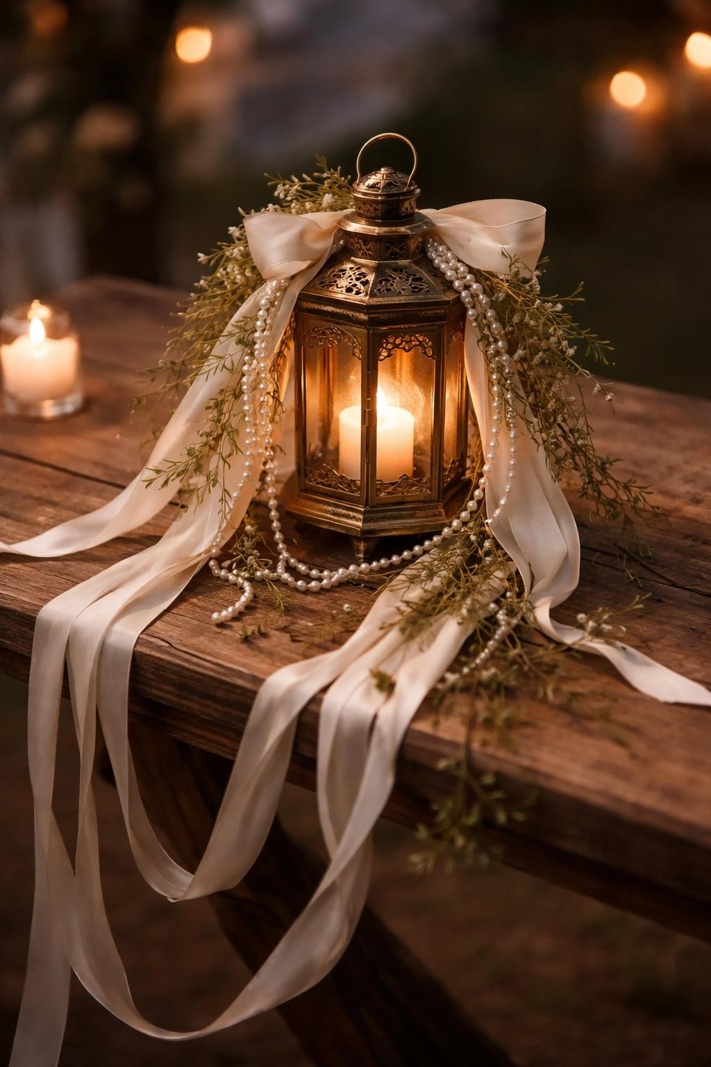 A unique bridal bouquet alternative with no flowers, featuring a small vintage gold lantern held with trailing ivory silk ribbons, pearl strands, delicate greenery accents, and soft candle glow inside, photographed as a bridal detail on a wooden ceremony table, romantic evening wedding style, no faces, no people, warm soft lighting, realistic DSLR photography, no watermarks on images.