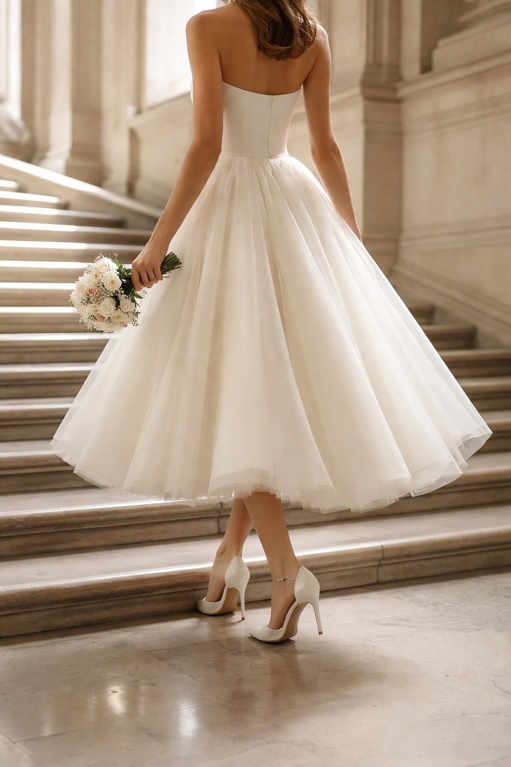 Image Prompt: A refined bridal editorial image of a tea-length courthouse wedding dress on city hall steps or inside a bright courthouse corridor. Show the bride from the shoulders down or from a back-facing angle with the face fully hidden. The dress has a fitted bodice, defined waist, full tea-length skirt, and elegant bridal shoes visible beneath the hem. Add a small bouquet held low, soft daylight, realistic fabric movement, polished wedding magazine styling, no visible face, no text, no watermark. (no watermarks on images)