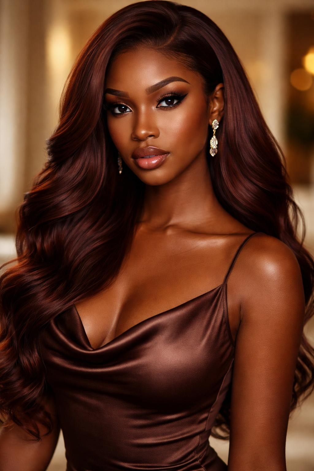 Image Prompt: A glamorous Black woman with long deep auburn reddish brown waves, rich red-brown hair color with glossy finish, side part, soft loose waves cascading over the shoulders, medium-deep brown skin, warm glam makeup with bronzed cheeks and nude lips, satin brown dress, elegant indoor background with soft blur, warm diffused lighting, realistic beauty editorial portrait, detailed color depth and shine, no text, (no watermarks on images)