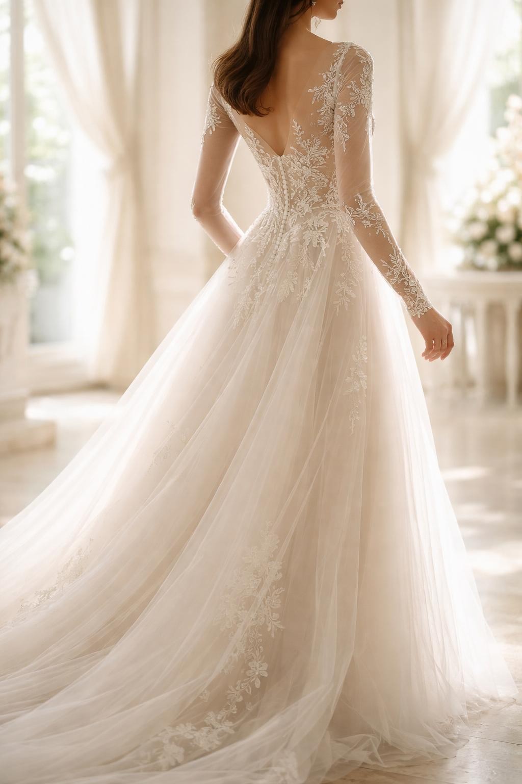Image Prompt: A refined bridal editorial photo of a wedding dress with sheer illusion long sleeves and delicate embroidery, photographed in a bright chapel or luxury bridal studio. Show the bride from the shoulders down or from a side-back angle with the face hidden. The gown has a fitted bodice, soft illusion sleeves, light floral appliqué, and a flowing skirt. Use soft daylight, realistic sheer fabric detail, elegant bridal posture, premium wedding magazine quality, no visible face, no text, no watermark. (no watermarks on images)