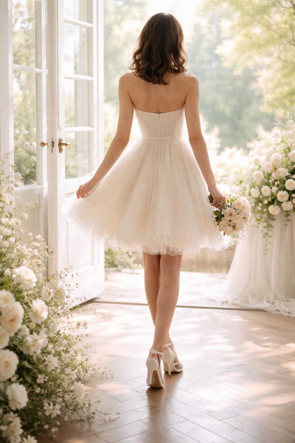 Image Prompt: A romantic bridal editorial image of a short tulle wedding dress in a bright bridal studio or garden wedding setting. Show the bride from the shoulders down only, or from behind so the face is hidden. The dress has a fitted bodice, layered short tulle skirt, soft volume, and delicate bridal styling with simple heels. Use natural daylight, realistic tulle layers, playful but polished composition, luxury wedding magazine feel, no visible face, no text, no watermark. (no watermarks on images)