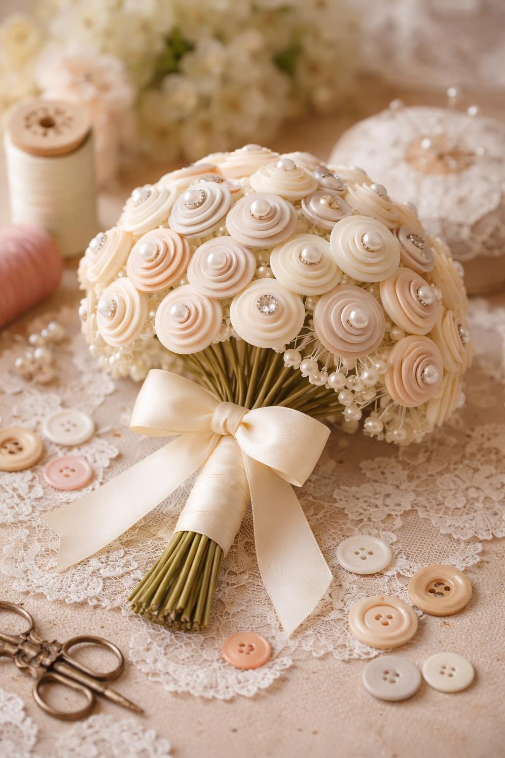 A creative button bouquet with no flowers, made from ivory, cream, pearl, and soft pastel buttons layered into round bloom-like clusters, wire stems wrapped together with satin ribbon, displayed on a craft table with lace and vintage sewing pieces nearby, cheerful handmade wedding detail photo, no people, no faces, realistic DSLR photography, no watermarks on images.