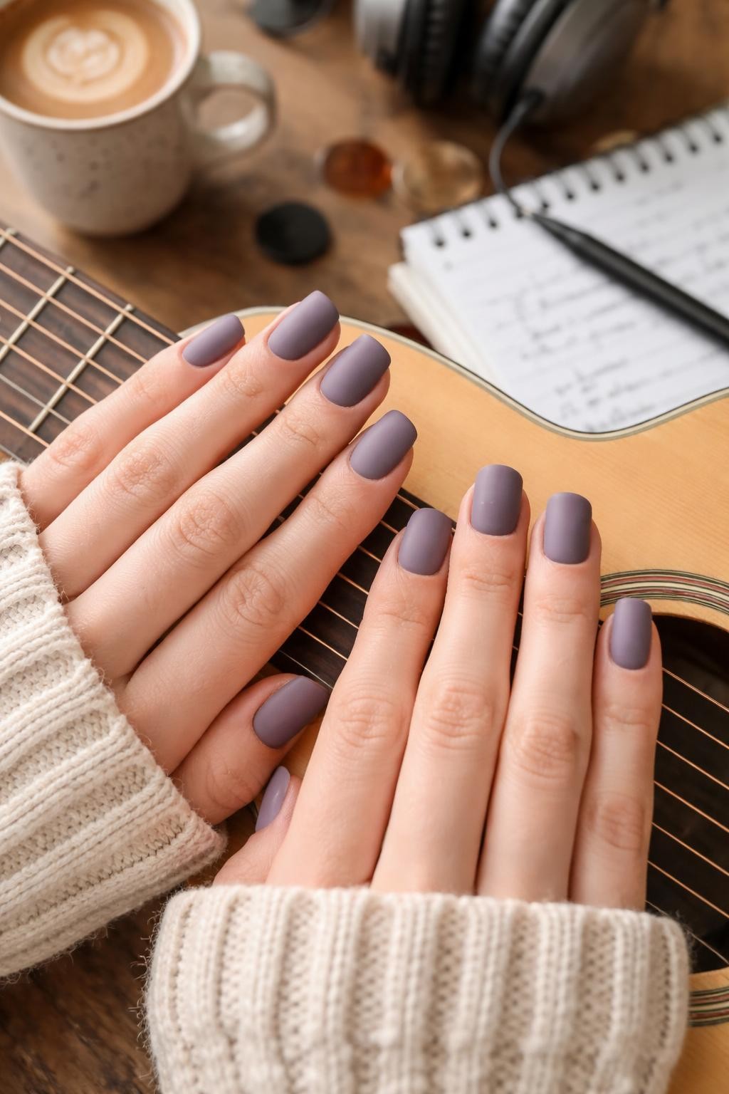 Image Prompt: Overhead shot of hands with short, square nails lightly touching a guitar string. The nails are a matte, greyish dusky purple. A single, small silver stud is centered on each ring finger nail. The setting is a casual, creative studio space.