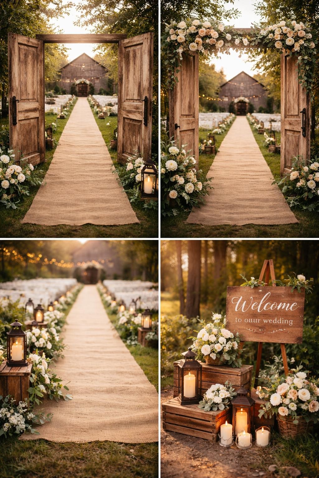 Image Prompt: A professional 4-grid wedding decor collage showing a rustic wedding entrance walkway with vintage wooden doors, top-left image featuring open antique wooden doors at the start of an outdoor ceremony walkway, top-right image showing floral garlands attached to the door frame, bottom-left image showing a burlap runner with lanterns and greenery on both sides, bottom-right image showing a wooden welcome sign beside crates, candles, and flowers, barn wedding setting, warm natural light, rustic editorial wedding photography, no faces, no watermarks on images.