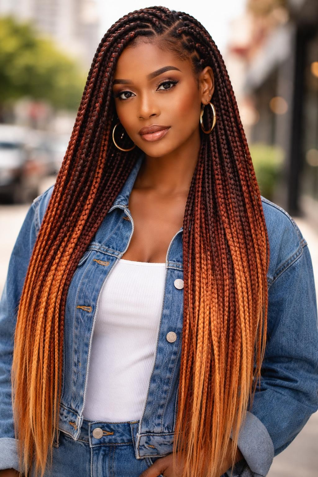 Image Prompt: A fashionable woman wearing long fox tail box braids, dark auburn roots blending into copper, ginger, and soft orange ends, neat square parts, waist-length braids, smooth finished tips, medium-deep brown skin, glossy lips, gold hoop earrings, denim jacket over a white top, outdoor city background softly blurred, natural daylight, realistic lifestyle beauty portrait, detailed braid texture and color blend, no text, (no watermarks on images)