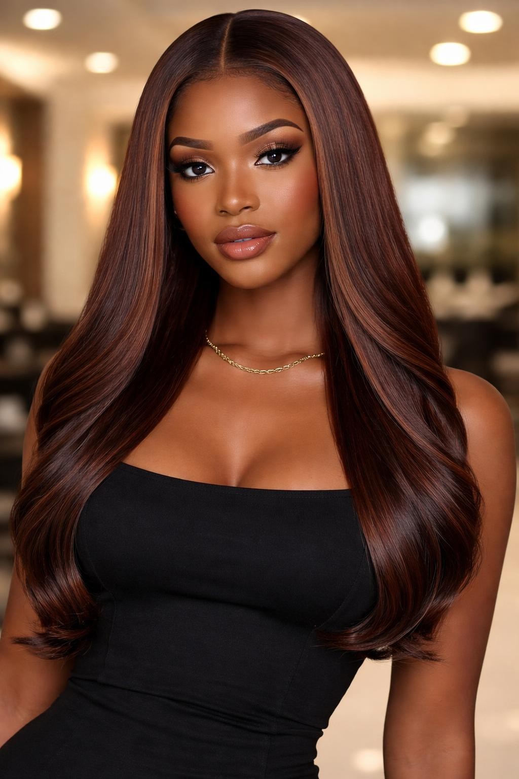 Image Prompt: A stunning Black woman with a long sleek silk press dyed reddish brown, center part, silky straight strands with glossy shine, softly curled ends, smooth laid edges, deep brown skin with warm undertones, soft glam makeup, gold necklace, fitted black top, luxury salon-inspired background with soft blur, even flattering lighting, waist-up beauty editorial photo, realistic DSLR quality, sharp shine and color detail, no text, (no watermarks on images)