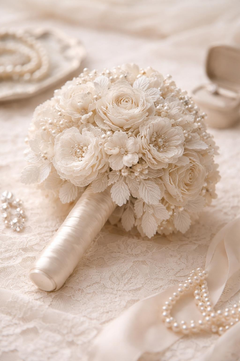 An ivory embroidery flower bouquet with no fresh flowers, made from hand-embroidered ivory and cream fabric blooms, pearl bead details, lace petals, delicate stitched leaves, and a satin-wrapped handle, photographed on a vintage lace tablecloth beside bridal accessories, soft neutral lighting, luxury wedding detail photography, no people, no faces, realistic DSLR image, refined and elegant composition, no watermarks on images.