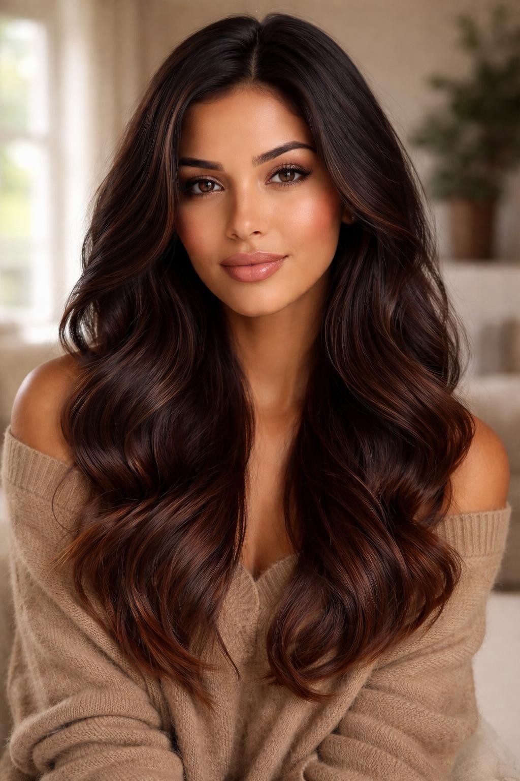 Image Prompt: A beautiful woman with long dark brown hair fading into mahogany brown ombre ends, glossy deep brunette roots and mid-lengths blending into warm mahogany red-brown tips, loose waves, warm brown skin, natural glam makeup, nude gloss, camel sweater, cozy indoor background, soft natural window light, realistic beauty editorial photo, smooth brunette-to-mahogany color transition, no text, (no watermarks on images)