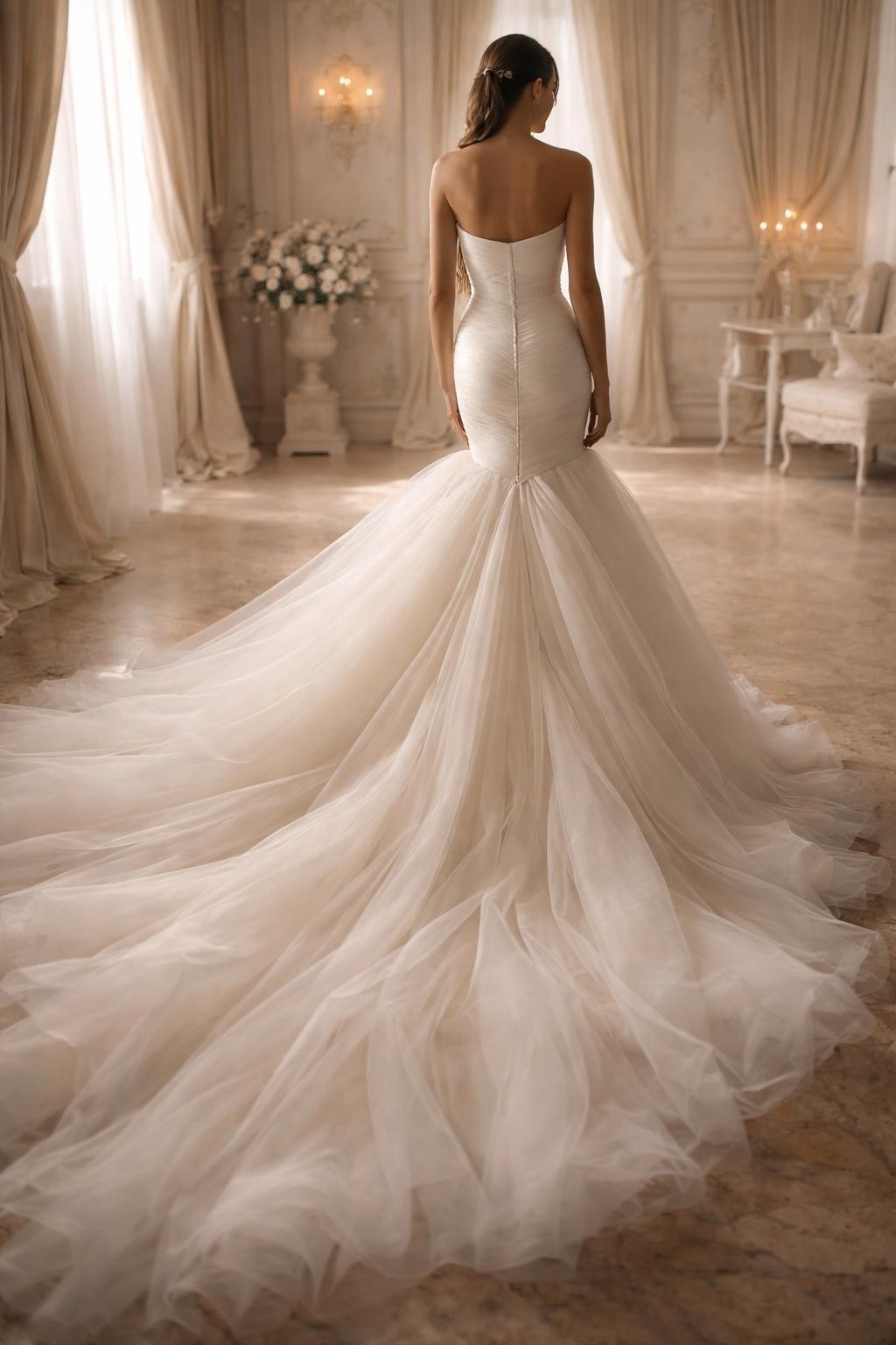 Image Prompt: A couture-style bridal editorial photo of a strapless mermaid wedding dress with a detachable overskirt in a grand bridal suite or elegant chapel setting. Show the bride from the neck down only, or from a back-facing angle so the face is completely hidden. The gown has a fitted strapless mermaid base, defined waist, and a dramatic removable overskirt that adds volume and train length. Use soft luxury lighting, realistic fabric texture, high-end editorial composition, no visible face, no text, no watermark. (no watermarks on images)