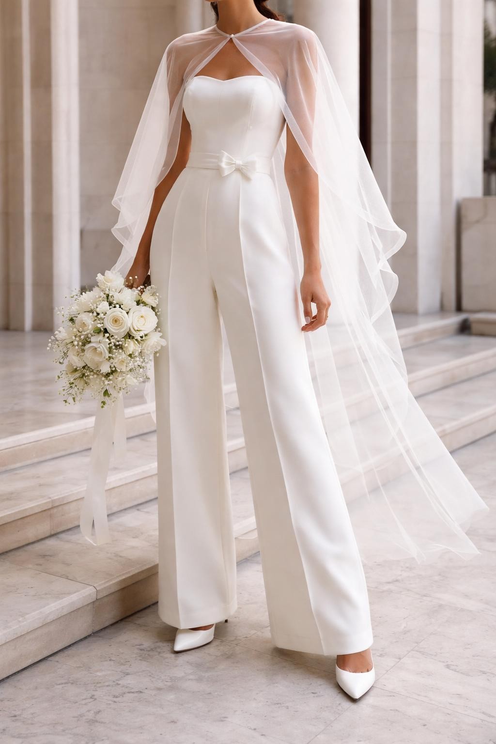Image Prompt: A high-fashion bridal editorial photo of a chic white bridal jumpsuit in a modern courthouse setting with clean walls, marble floors, or city hall steps. Show the bride from the neck down or from behind so the face is fully hidden. The jumpsuit has a tailored bodice, wide-leg trousers, defined waist, and elegant bridal details such as a capelet, pearl buttons, or a satin belt. Style with white heels and a bouquet held low. Use crisp natural light, realistic fabric texture, luxury editorial styling, no visible face, no text, no watermark. (no watermarks on images)