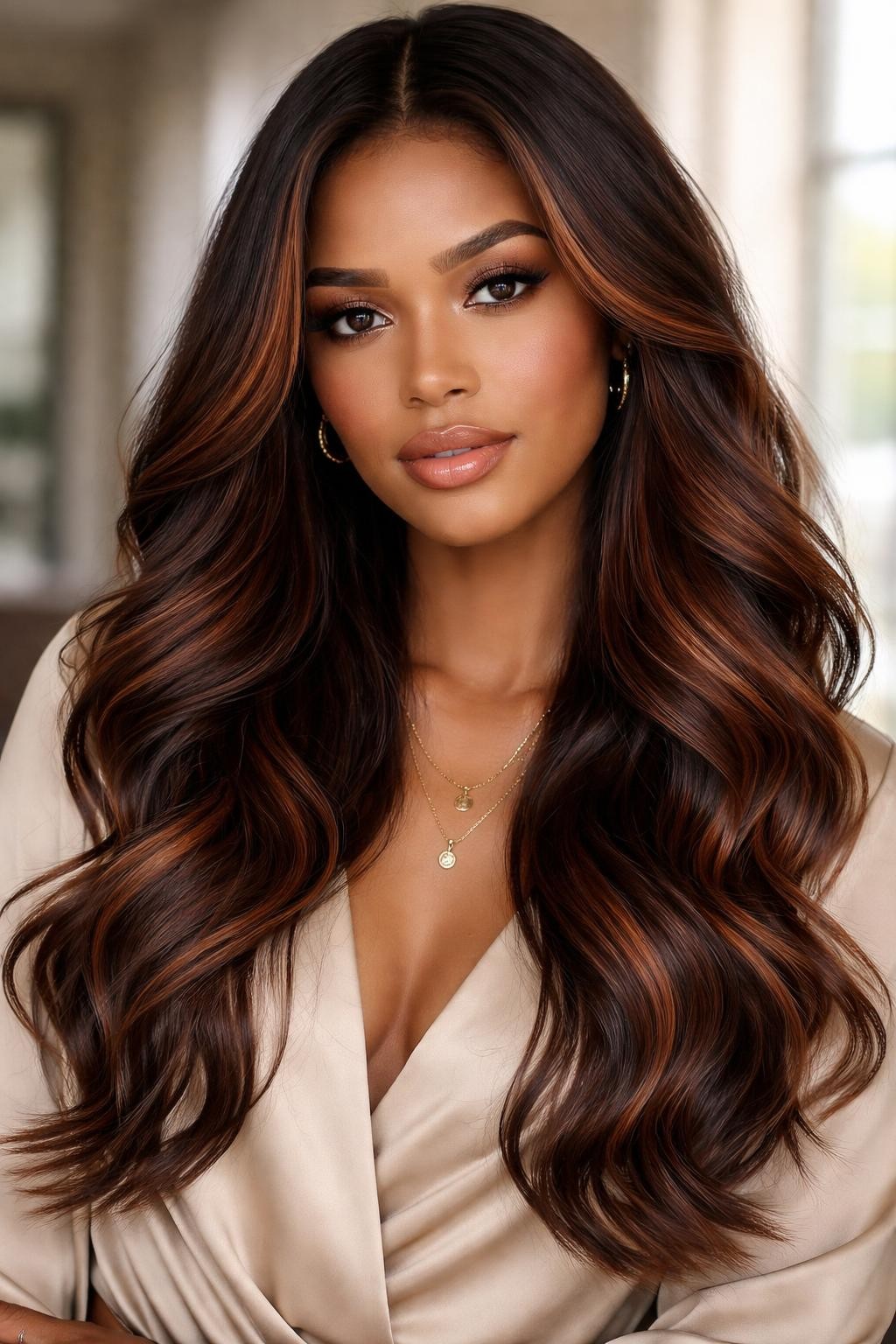 Image Prompt: A beautiful woman with long dark brown hair and auburn fox tail balayage, rich brunette roots with hand-painted auburn and copper pieces through the mid-lengths and ends, soft loose waves, medium-deep brown skin, natural glam makeup, glossy lips, gold jewelry, beige blouse, modern indoor background, soft window light, realistic beauty editorial portrait, smooth blended color placement, no text, (no watermarks on images)