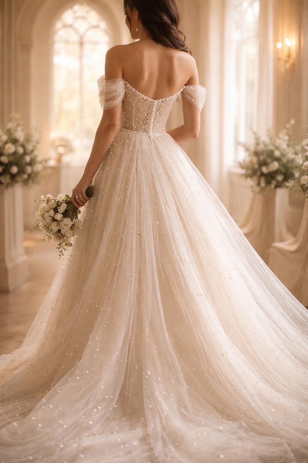 Image Prompt: A luxury bridal editorial image of an ethereal pearl tulle wedding dress in a refined chapel or soft indoor wedding venue. Show the bride from the neck down only, or from a back-facing pose so the face is not visible. The gown has delicate pearl details scattered across sheer tulle, a soft bodice, light sleeves or straps, and a flowing skirt with gentle volume. Use soft warm light, realistic pearl texture, airy fabric layers, elegant bridal magazine styling, no visible face, no text, no watermark. (no watermarks on images)