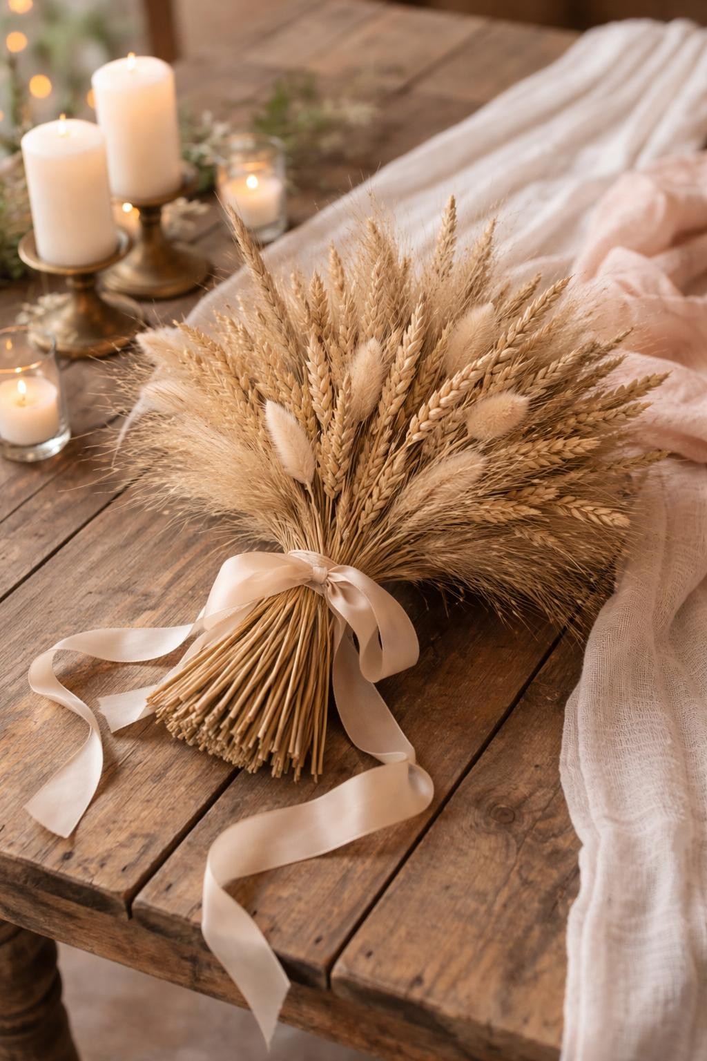A rustic dried wheat bridal bouquet with no flowers, made from golden wheat stalks, pampas grass, dried grasses, and beige ribbon, arranged in a clean hand-tied shape, photographed on a wooden farmhouse table with neutral wedding decor nearby, warm countryside wedding editorial style, no people, no faces, realistic DSLR photo, no watermarks on images.