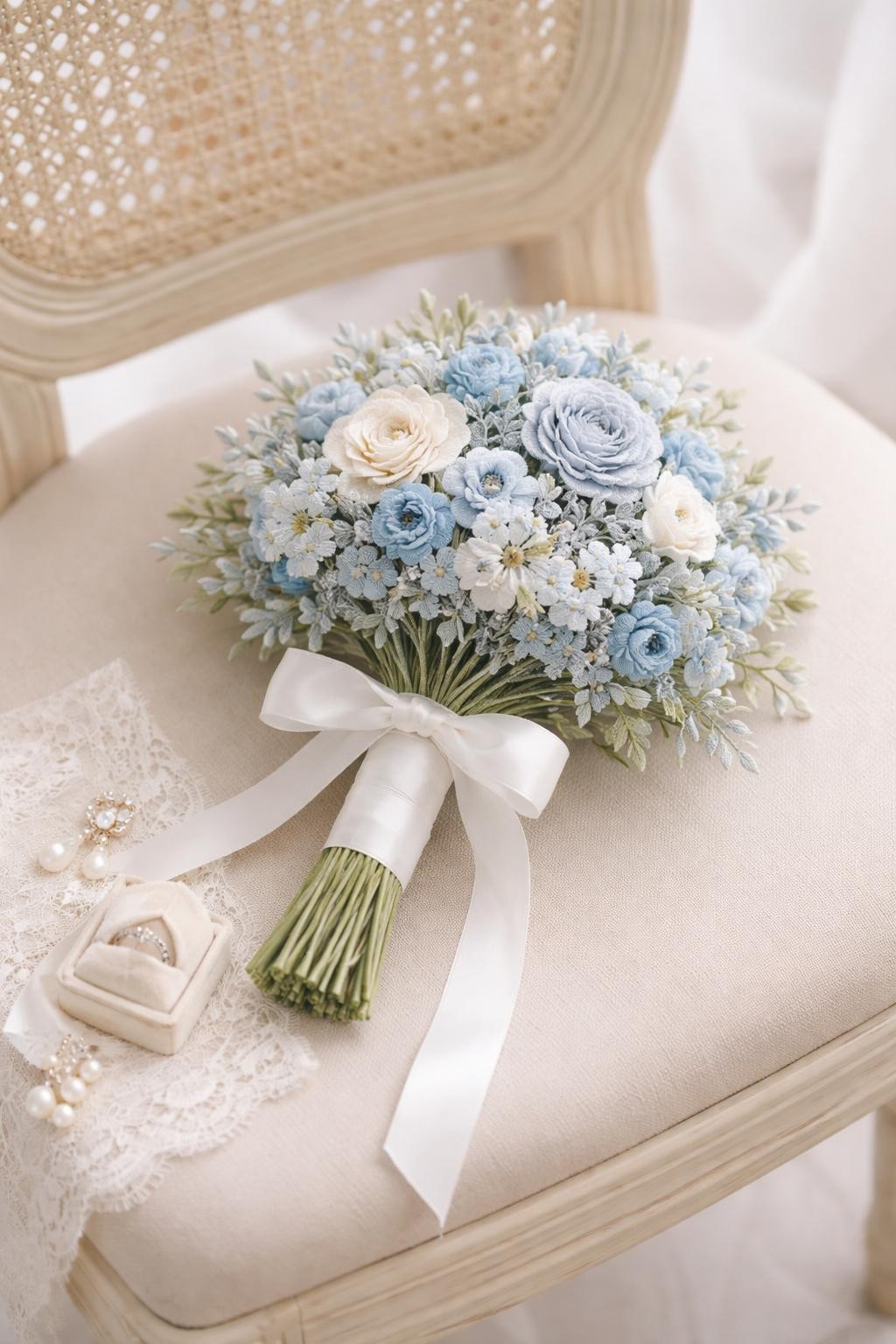 A blue and white embroidery flower bouquet made from hand-stitched blue floral blooms, white embroidered petals, silver thread accents, soft greenery stitching, and a crisp white ribbon handle, arranged neatly on a pale wooden chair with bridal styling details nearby, fine-art wedding editorial photography, no faces, no people, realistic DSLR image, soft daylight, no watermarks on images.