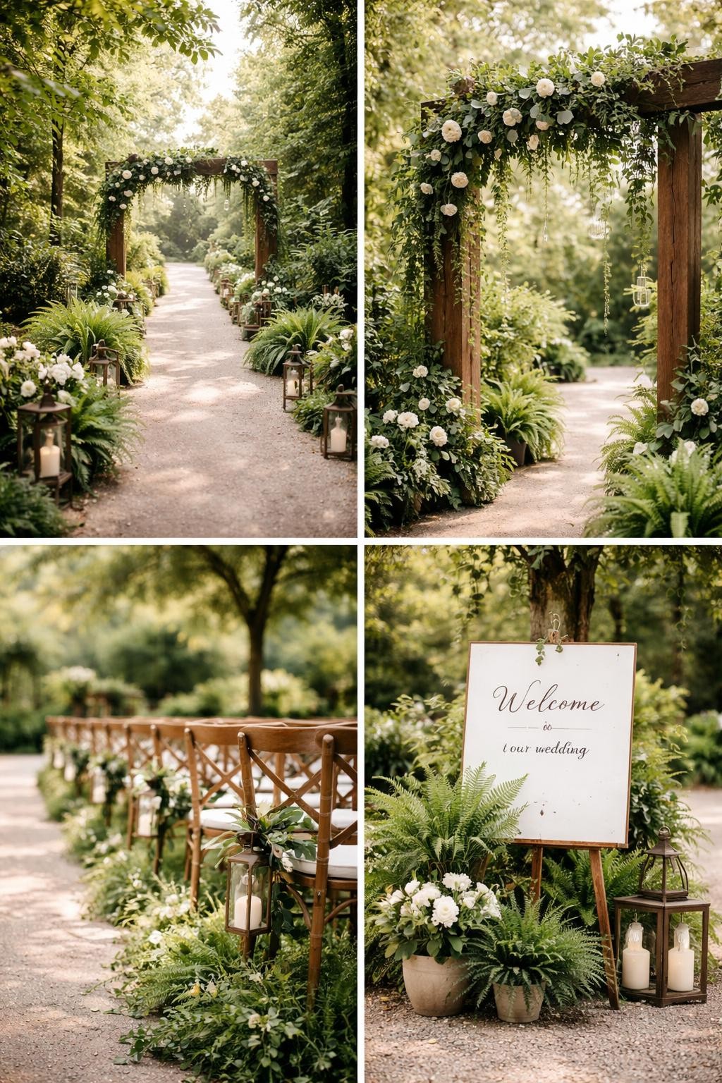 Image Prompt: A professional 4-grid wedding decor collage showing a garden greenery wedding entrance walkway, top-left image featuring a lush green walkway with potted plants, ferns, vines, and white flowers leading toward a wedding arch, top-right image showing close-up greenery wrapped around a wooden entrance frame, bottom-left image showing garden chairs and aisle markers beside the path, bottom-right image showing a simple welcome board surrounded by potted greenery, natural outdoor wedding setting, fresh editorial photography, no faces, no watermarks on images.