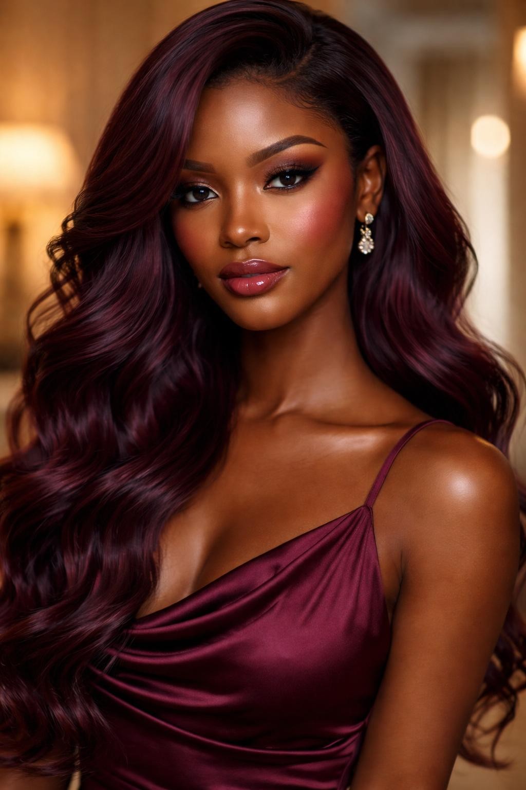 Image Prompt: A gorgeous Black woman with long plum burgundy waves, rich purple-red hair color with warm burgundy depth, side part, soft loose curls, glowing dark brown skin, soft glam makeup with berry blush and glossy lips, satin wine-colored dress, elegant indoor background, warm diffused lighting, realistic DSLR beauty editorial portrait, detailed shine and color movement through the waves, no text, (no watermarks on images)