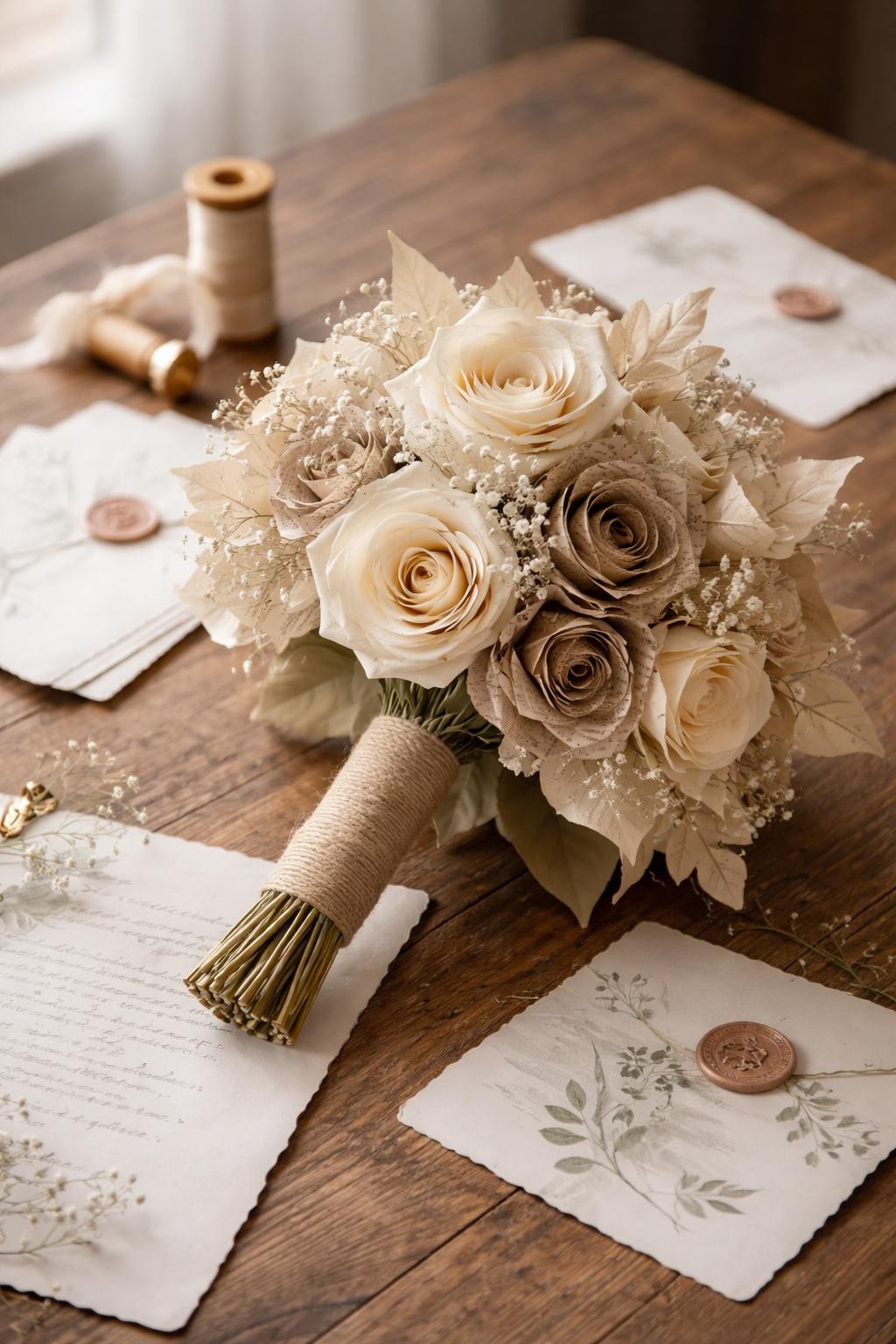 A handcrafted paper bridal bouquet with no real flowers, made from folded ivory paper blooms, book page petals, soft cream paper leaves, and a twine-wrapped handle, placed on a wooden table with wedding stationery and wax seals, romantic handmade wedding editorial style, no people, no faces, soft natural lighting, realistic DSLR photography, no watermarks on images.