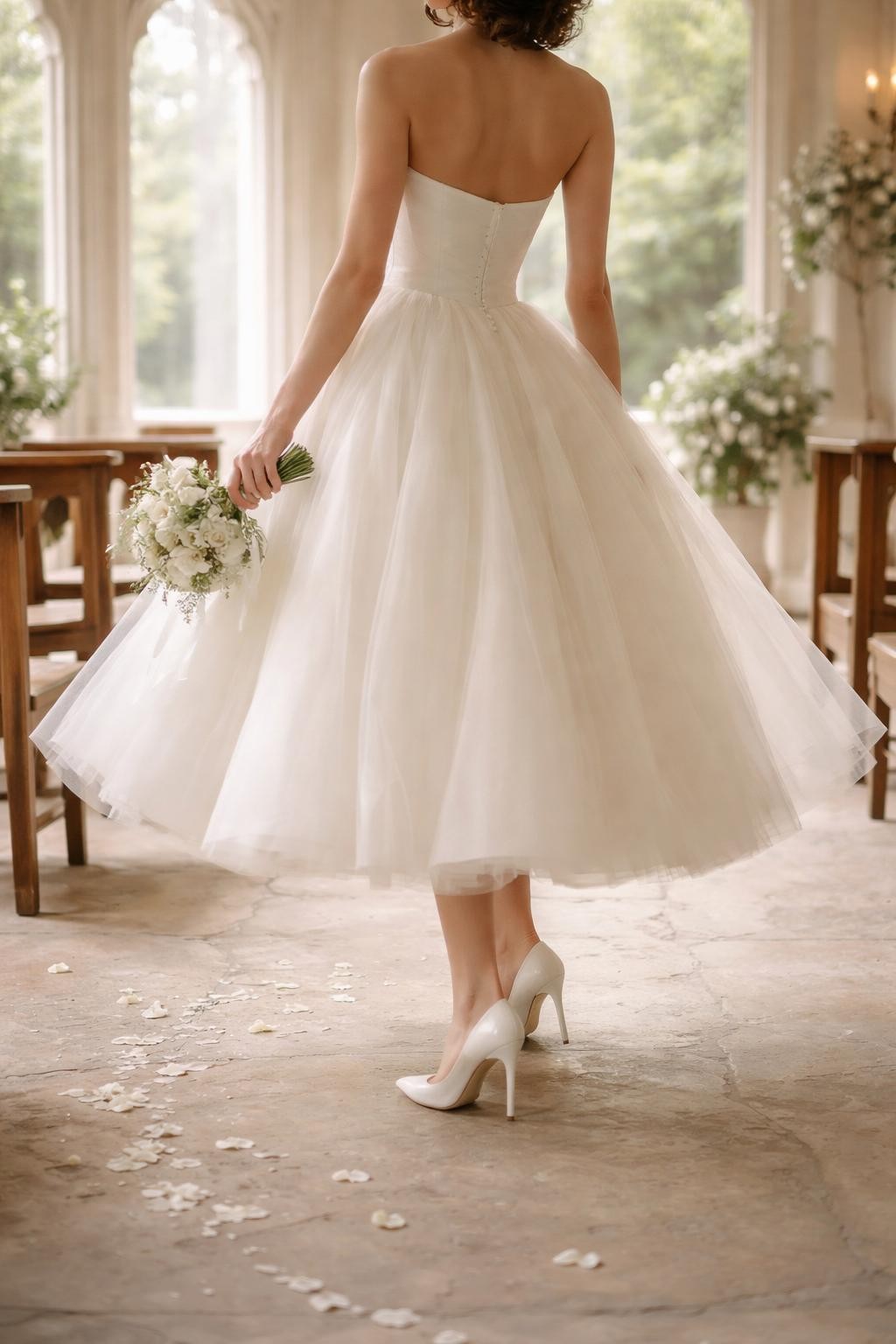 Image Prompt: A high-end bridal editorial photo of a tea-length wedding dress in a vintage-inspired chapel or elegant garden venue. Show the bride from the shoulders down or from behind so the face is not visible. The dress has a fitted bodice, cinched waist, full tea-length skirt, and soft bridal movement. Add classic white heels, a small bouquet held low, natural light, realistic fabric texture, refined wedding magazine styling, no visible face, no text, no watermark. (no watermarks on images)