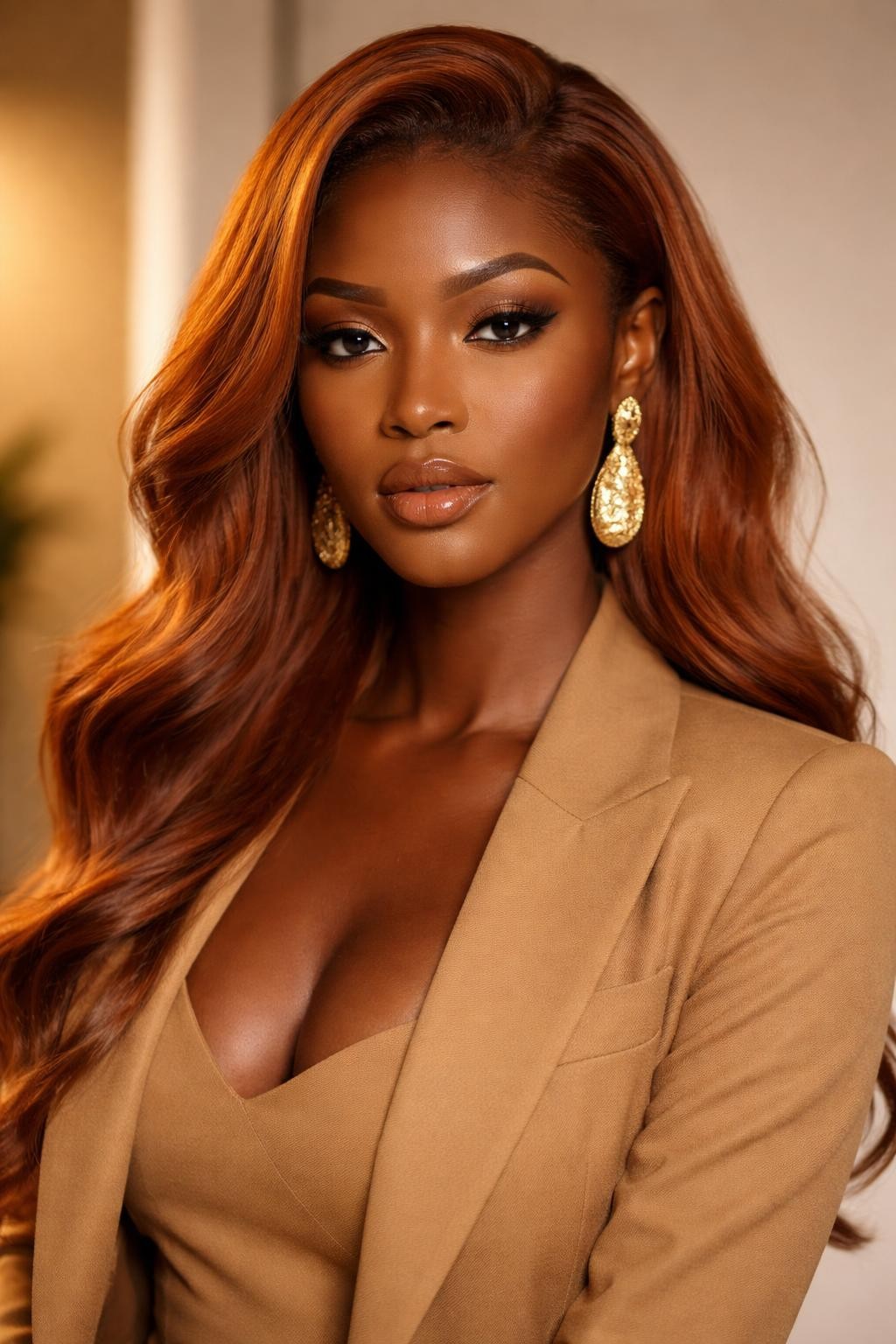 Image Prompt: A striking Black woman with long burnt orange ginger hair styled in soft loose waves, rich deep orange copper tone, luminous dark skin, softly sculpted glam makeup, gold earrings, camel-toned outfit, modern clean background, warm studio lighting, luxury fashion beauty editorial style, realistic DSLR image, high detail color richness, no text, (no watermarks on images)