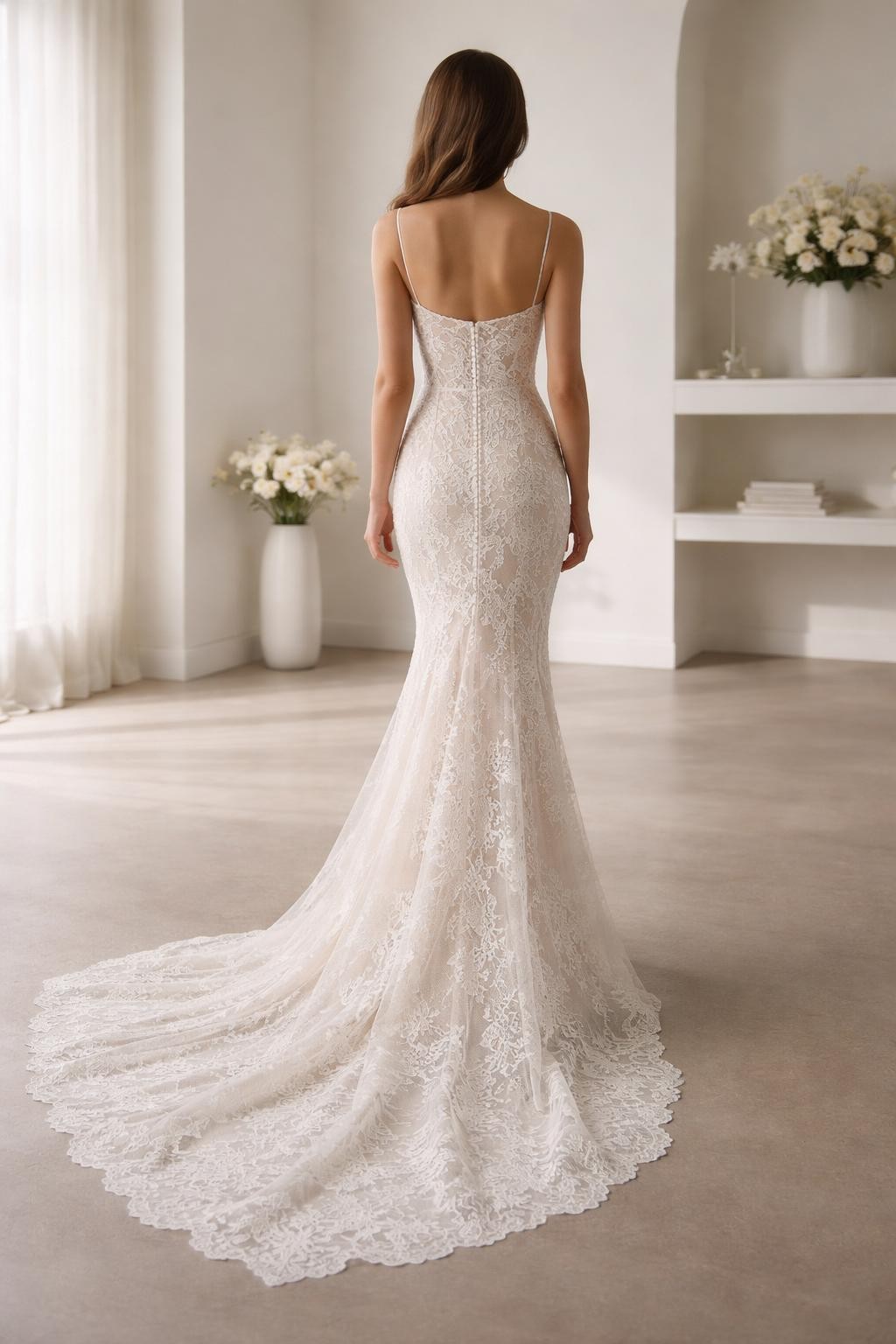 Image Prompt: A sleek bridal editorial photograph of a minimal lace sheath wedding dress in a modern bridal studio or clean chapel setting. Show the bride from the neck down or from a back-facing pose so the face is fully hidden. The gown has a slim sheath silhouette, refined lace overlay or lace panels, a neat neckline, and a soft train. Use clean lighting, realistic lace texture, modern luxury bridal styling, no visible face, no text, no watermark. (no watermarks on images)