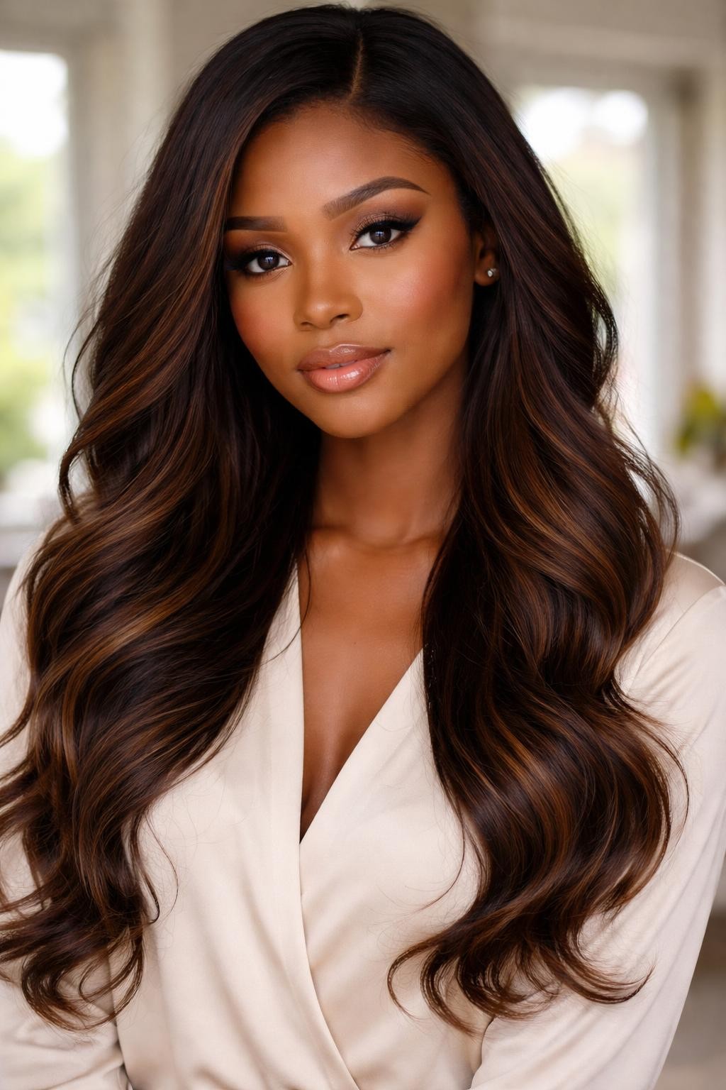 Image Prompt: A beautiful Black woman with long dark brown hair and cinnamon balayage, soft hand-painted cinnamon pieces through the mid-lengths and ends, loose waves, warm brown skin, soft peach-toned makeup, cream blouse, modern indoor background, natural window light, realistic editorial beauty photo, smooth color blend, no text, (no watermarks on images)