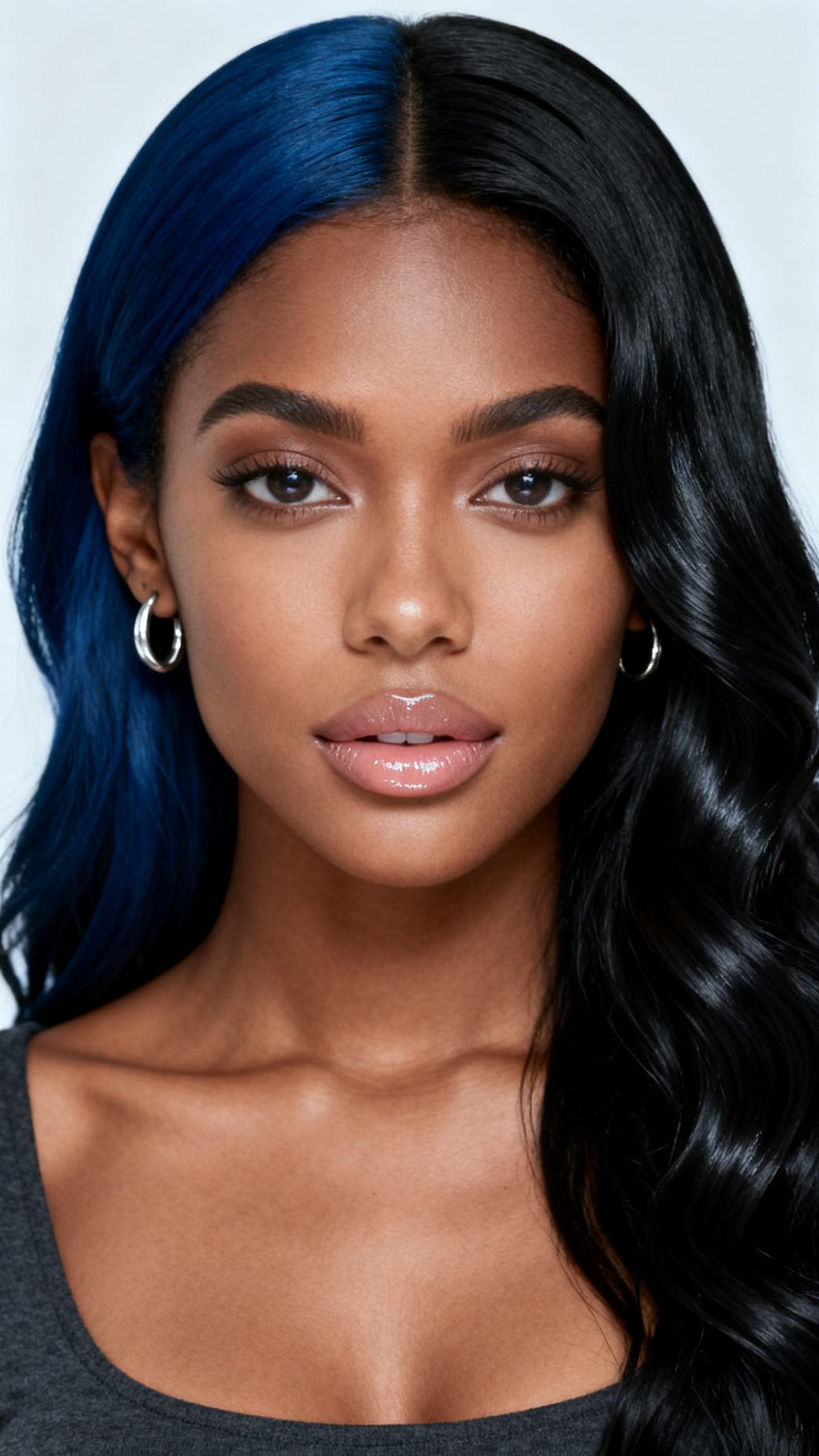 A beautiful woman with long two tone split hair, one side midnight blue and the other side glossy black, clean center part, soft loose waves, medium-deep skin tone, cool-toned soft makeup, glossy nude lips, silver earrings, charcoal top, clean studio background, soft cool lighting, realistic DSLR beauty portrait, detailed blue-black contrast and shiny texture, no text, (no watermarks on images)