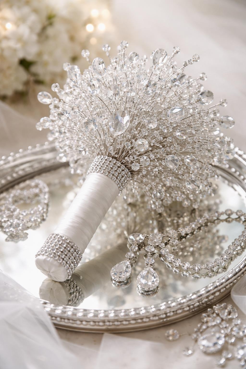 A sparkling crystal bridal bouquet with no flowers, made from clear crystal stems, glass beads, silver wire, rhinestone sprays, and a white satin-wrapped handle, placed on a mirrored tray with bridal jewelry nearby, luxury wedding editorial photography, no people, no faces, soft glow lighting, realistic high-detail DSLR photo, no watermarks on images.