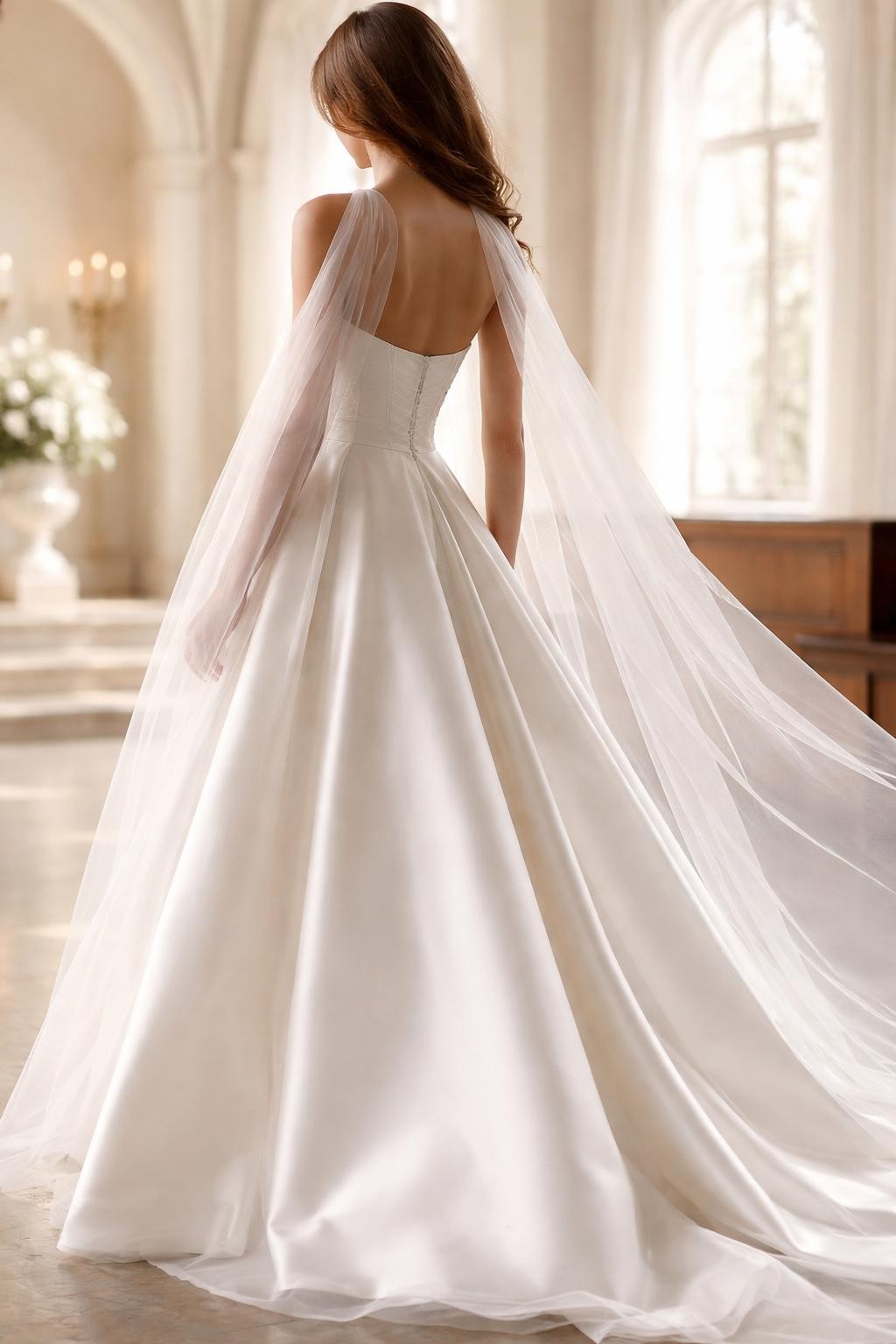 Image Prompt: A high-end bridal editorial photo of a wedding dress featuring a simple satin A-line gown with a soft sheer cape draped from the shoulders, photographed in a bright chapel or elegant bridal studio. Show the bride from the neck down only, or from a back three-quarter angle so the face is fully hidden. The gown has a clean satin bodice, defined waist, smooth flowing skirt, and a light transparent cape with graceful movement. Use soft natural light, realistic satin sheen and sheer fabric texture, polished luxury bridal magazine styling, no visible face, no text, no watermark. (no watermarks on images)
