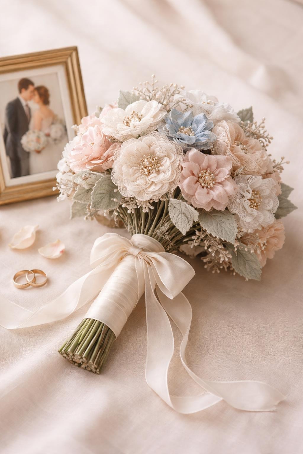 A keepsake memory embroidery flower bouquet made with hand-stitched flowers from mixed fabrics like lace, satin, linen, and pieces of sentimental cloth, featuring embroidered leaves, tiny pearl accents, and a ribbon-wrapped handle, styled on a soft neutral background with a framed wedding photo nearby, emotional wedding editorial detail shot, no people, no faces, realistic DSLR image, detailed handmade texture, no watermarks on images.