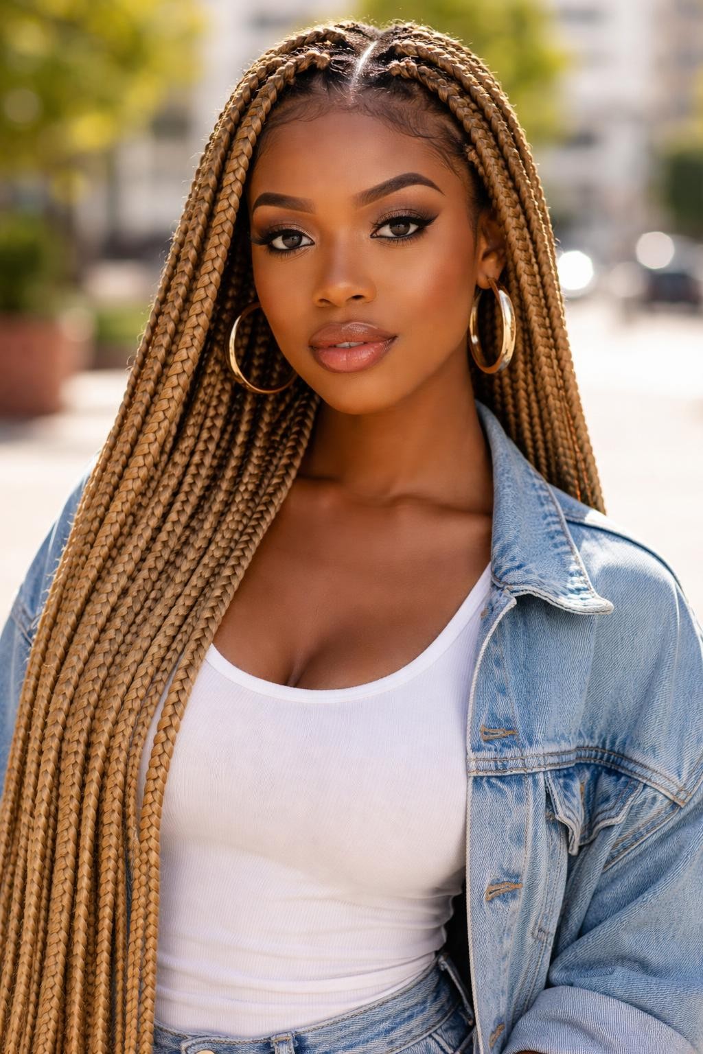 Image Prompt: A stylish Black woman wearing long sandy blonde box braids, waist-length braids with neat square parts, warm beige-blonde braid color, smooth finished ends, softly styled baby hairs, medium-deep brown skin, glossy lips, gold hoops, white tank top with light denim jacket, sunny outdoor city background softly blurred, realistic lifestyle beauty photo, no text, (no watermarks on images)