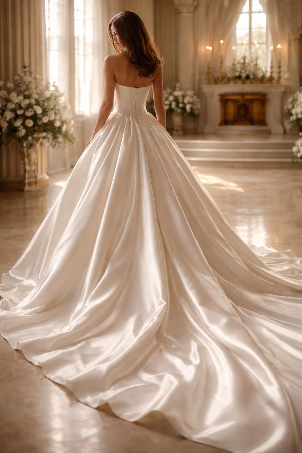 Image Prompt: A high-end bridal editorial photo of a satin corset ball gown in a grand chapel or luxury bridal studio. Show the bride from the neck down only, or from a back three-quarter angle so the face is fully hidden. The gown has a structured corset bodice, visible soft boning, a defined waist, a full satin skirt, and a graceful train. Use soft natural light, realistic satin texture, polished luxury bridal magazine styling, elegant posture, no visible face, no text, no watermark. (no watermarks on images)