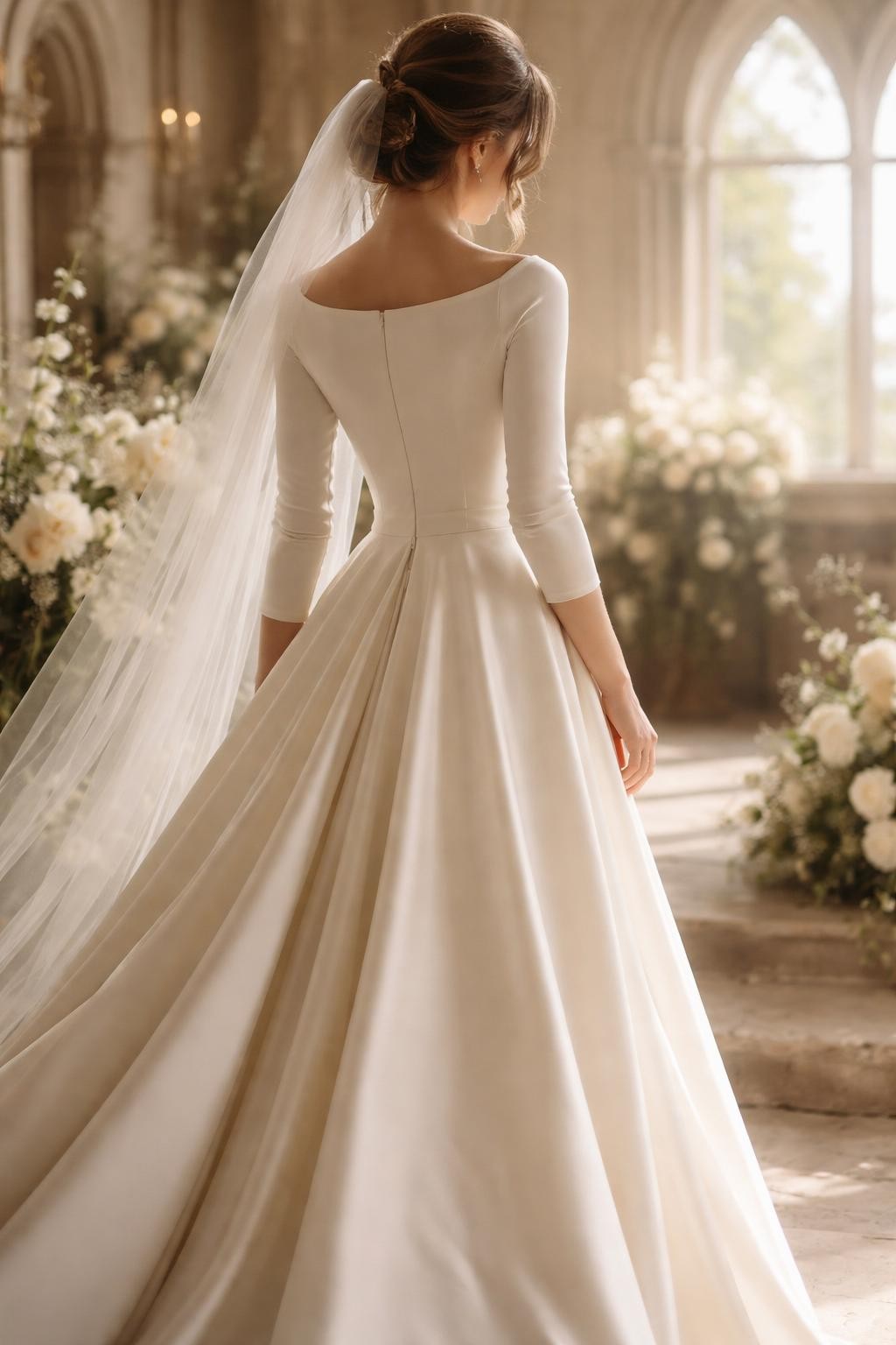 Image Prompt: A refined bridal editorial image of a boat neck wedding dress in a classic chapel or old-world wedding venue. Show the bride from the neck down or from a back three-quarter pose with the face hidden. The gown has a clean boat neckline, fitted bodice, long or three-quarter sleeves, and a soft flowing skirt. Use natural window light, elegant floral styling, realistic fabric texture, luxury wedding magazine quality, no visible face, no text, no watermark. (no watermarks on images)