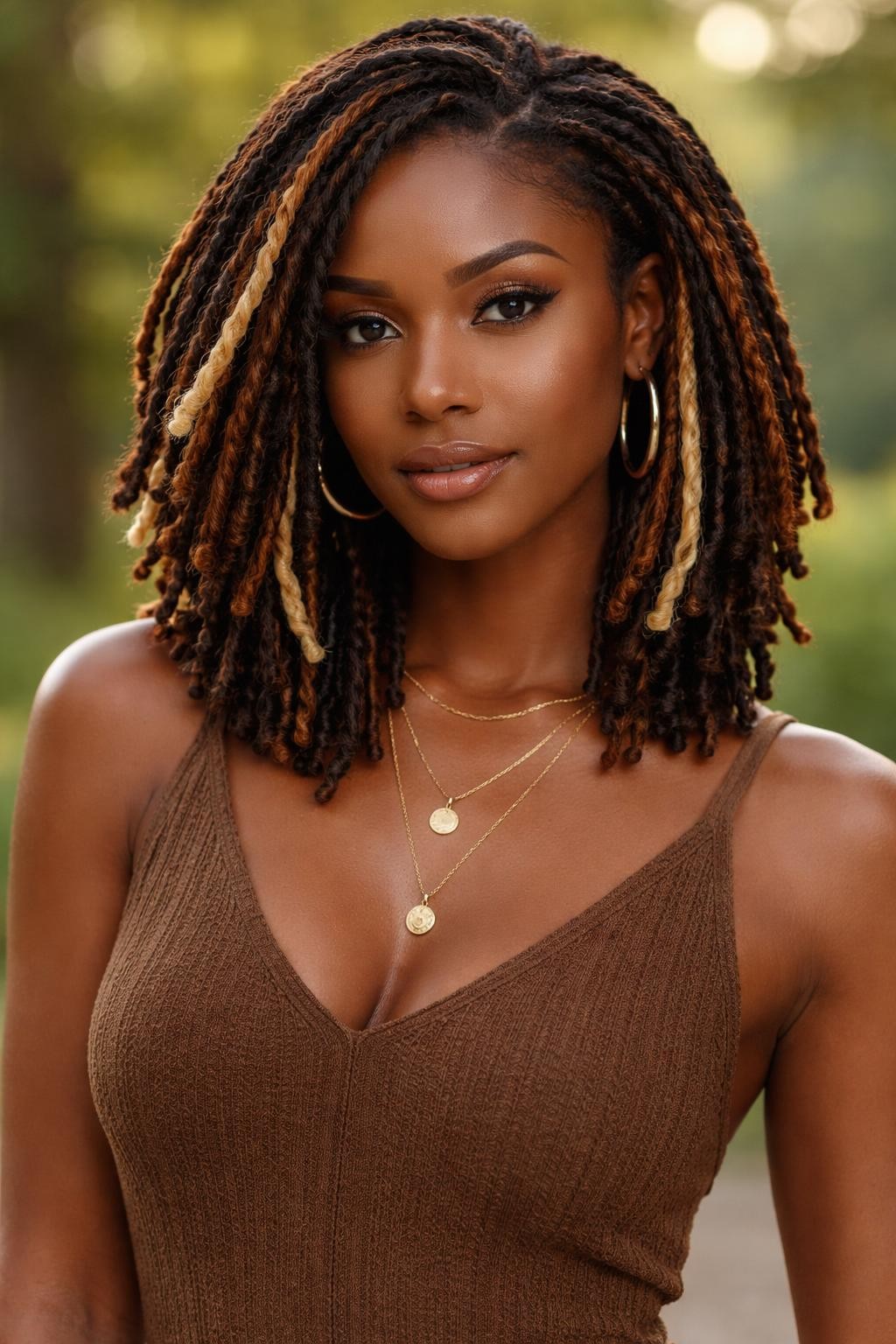 Image Prompt: A stunning woman with shoulder-length calico cat locs, neatly maintained loc texture, mixed loc colors in black, copper, ginger, dark brown, and cream blonde, a few locs framing the face, deep brown skin, natural glowing makeup, layered gold necklaces, earth-tone dress, outdoor natural setting with softly blurred greenery, warm sunlight, realistic lifestyle editorial portrait, detailed loc texture and multi-color pattern, no text, (no watermarks on images)