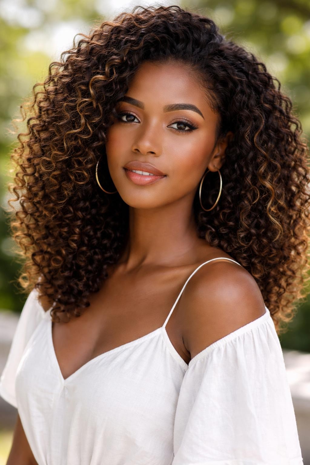 Image Prompt: A beautiful Black woman with dark brown curly hair and sun-kissed balayage, warm golden-brown pieces painted through the mid-lengths and ends, defined curls with soft volume, warm brown skin, fresh glowing makeup, gold hoops, white summer blouse, outdoor daylight, softly blurred greenery in the background, realistic beauty editorial portrait, smooth color blend, no text, (no watermarks on images)