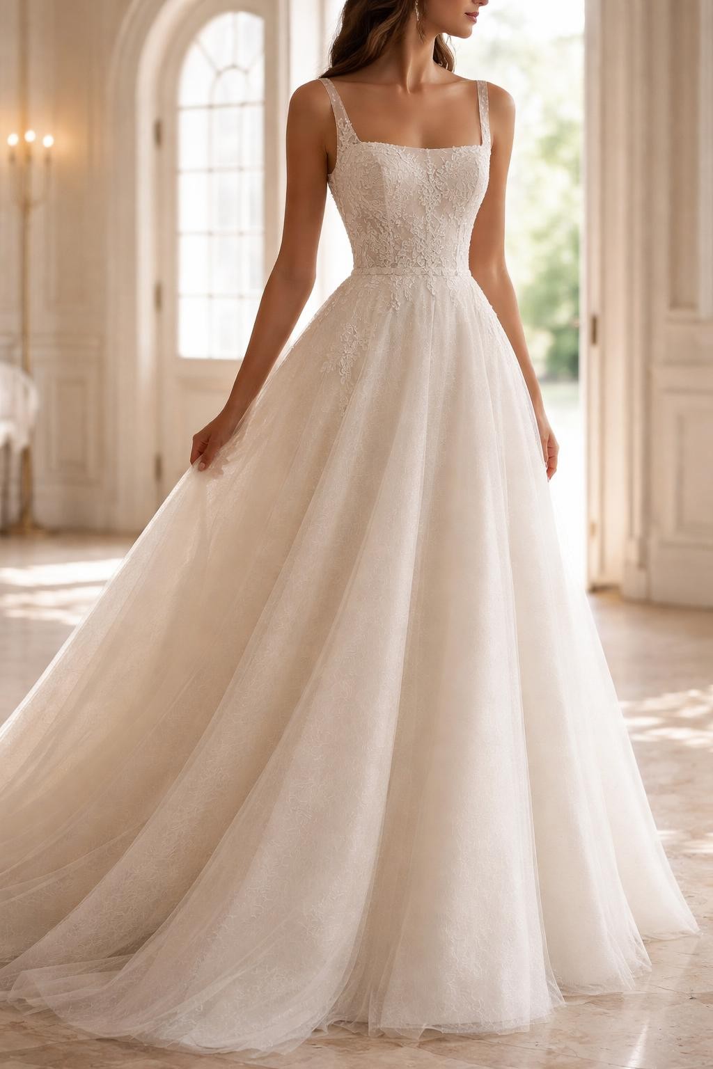 Image Prompt: A high-end bridal editorial image of a square neck lace A-line wedding dress in a bright chapel entrance or elegant studio. Show the bride cropped from the neck down or from a back-side angle with the face hidden. The dress has a clean square neckline, lace bodice, fitted waist, and flowing A-line skirt with subtle texture. Use soft daylight, realistic lace detail, polished bridal styling, luxury editorial quality, no visible face, no text, no watermark. (no watermarks on images)