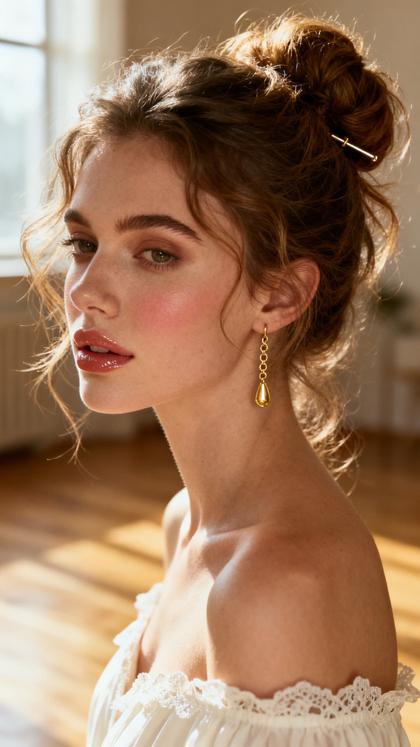 A photorealistic hairstyle image showing a white woman soft messy bun with loose face-framing tendrils, textured updo, a dainty gold earring chain attached from a drop earring to a pin near the side of the bun, soft romantic makeup, off-shoulder dress, warm indoor setting, elegant editorial portrait, no text, no watermark, no watermarks on images.