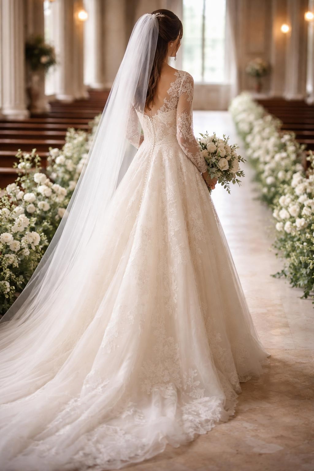 Image Prompt: A high-end bridal editorial photo of a bride wearing a classic lace long sleeve A-line wedding dress in a softly lit church aisle or elegant chapel. Show the bride from the neck down only, or from a back three-quarter angle so the face is fully hidden. The gown has delicate floral lace sleeves, a fitted bodice, modest neckline, flowing A-line skirt, and a soft train. Use natural window light, pale floral aisle decor, realistic lace texture, professional bridal magazine styling, no visible face, no text, no watermark. (no watermarks on images)
