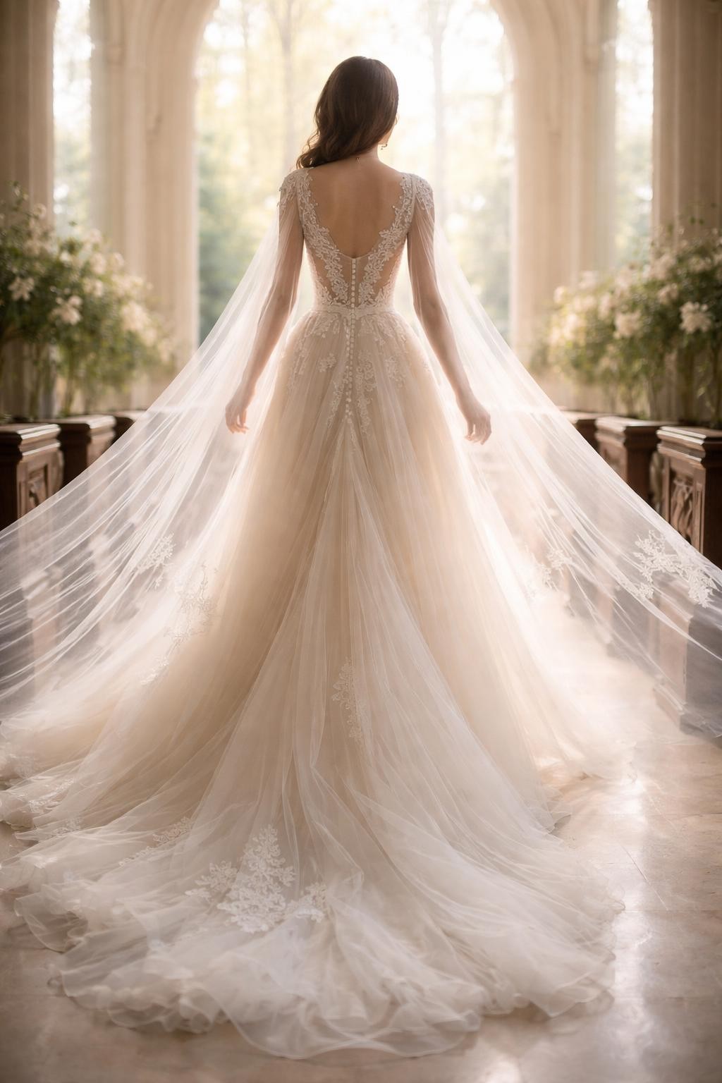 Image Prompt: A couture-style bridal editorial photo of an ethereal lace and tulle wedding dress with a floating cape, photographed in a chapel aisle or soft garden venue. Show the bride from behind or from the neck down so the face is fully hidden. The gown has delicate lace detail on the bodice, a soft tulle skirt, and a sheer cape that flows gently behind the dress. Use natural light, graceful movement, realistic lace and tulle texture, high-end editorial styling, no visible face, no text, no watermark. (no watermarks on images)