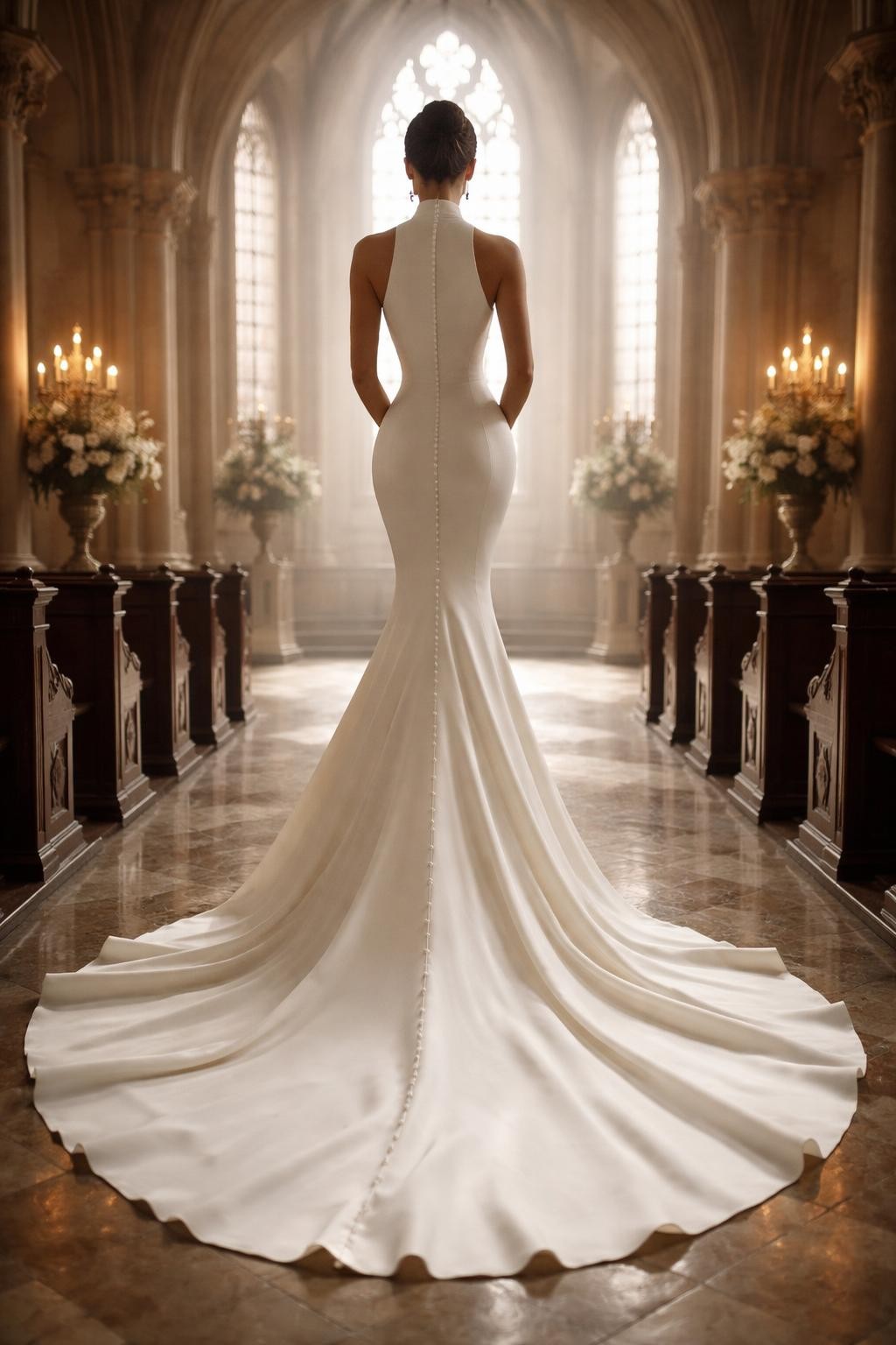 Image Prompt: A sophisticated bridal editorial photograph of a high neck mermaid wedding gown with covered buttons, set in a classic church or cathedral-inspired venue. Show the bride from behind or from the shoulders down with the face fully hidden. The gown has a high neckline, fitted mermaid body, elegant long lines, and a row of covered buttons running down the back into the train. Use soft church light, realistic fabric detail, graceful posture, luxury editorial quality, no visible face, no text, no watermark. (no watermarks on images)