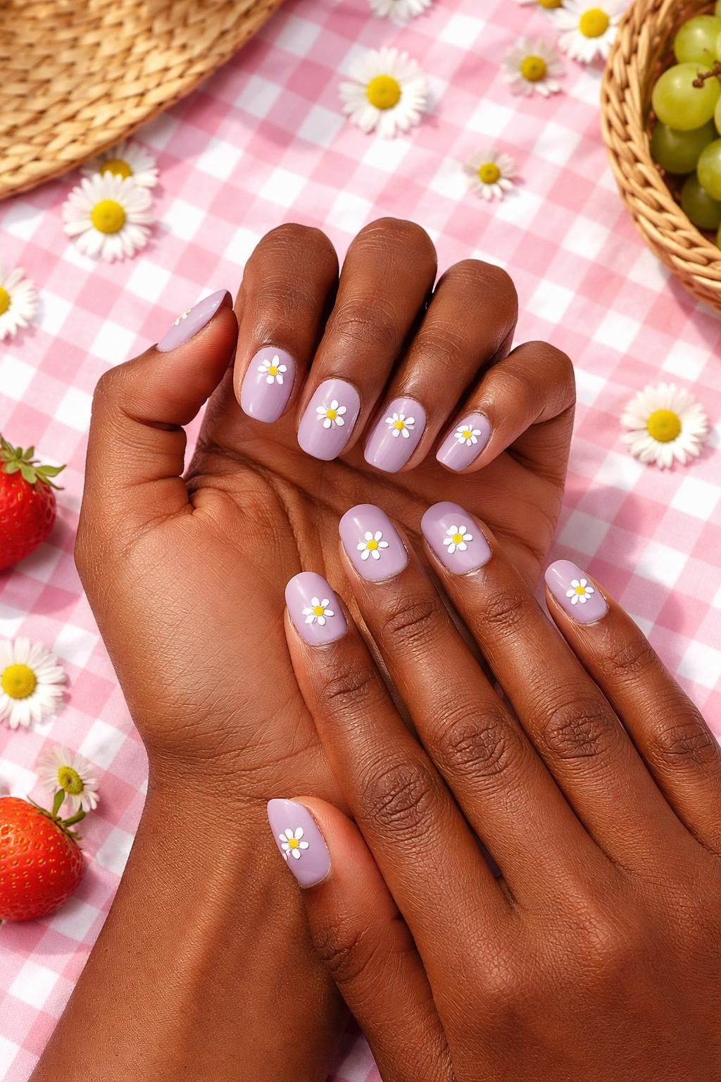 Image Prompt: Overhead view of black feminine hands with short, rounded nails resting on a checkered picnic blanket. The nails are a soft matte lavender. Each nail has one or two tiny white daisies with yellow centers painted on. The mood is happy and spring-like.