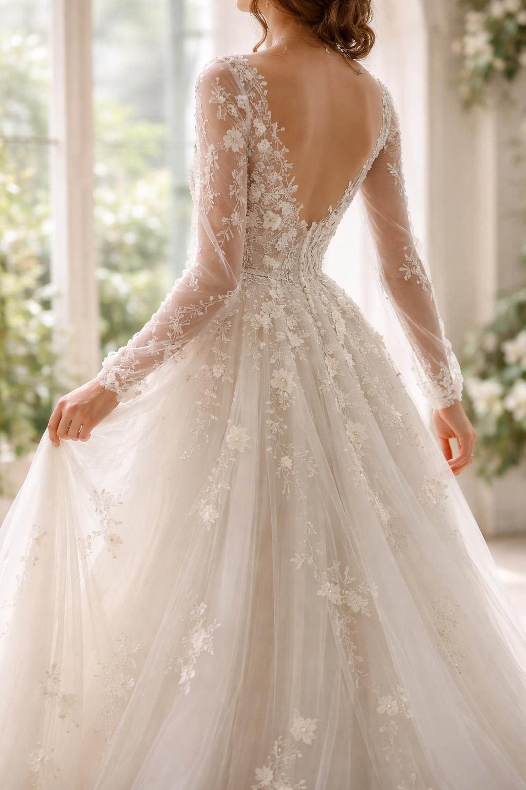 Image Prompt: A high-end bridal editorial image of an ethereal wedding dress with sheer long sleeves and delicate floral appliqué, photographed in a bright garden chapel or airy bridal studio. Show the bride cropped from the neck down or from a side-back angle with the face fully hidden. The gown has soft sheer sleeves, scattered 3D floral appliqué, a light fitted bodice, and a flowing skirt. Use soft natural light, realistic embroidery texture, graceful pose, luxury editorial wedding photography, no visible face, no text, no watermark. (no watermarks on images)