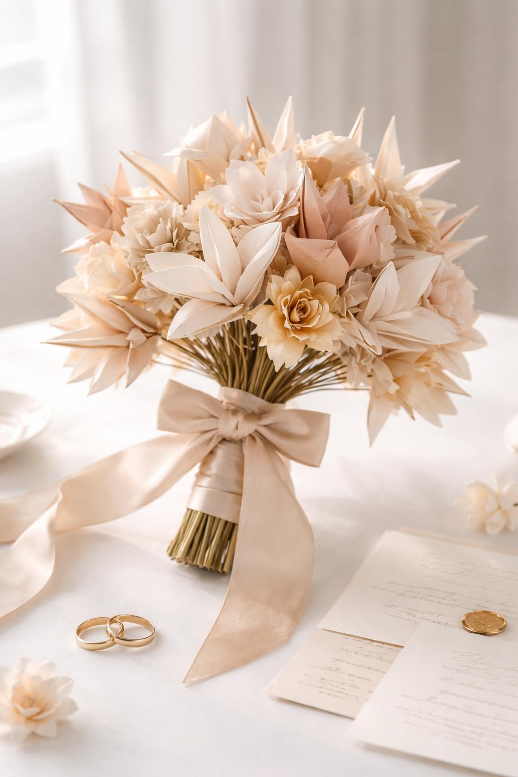 A delicate origami bridal bouquet with no real flowers, made from folded paper cranes and folded paper shapes in ivory, blush, champagne, and soft gold, arranged on thin stems with a silk ribbon handle, styled on a clean white table with wedding rings and stationery nearby, modern handmade wedding editorial photo, no faces, no people, realistic DSLR photography, no watermarks on images.
