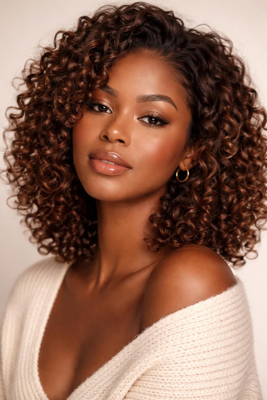 Image Prompt: A beautiful Black woman with shoulder-length natural curls dyed soft reddish brown, defined spiral curls with healthy shine and airy volume, warm medium-deep brown skin, softly shaped brows, glossy nude lips, soft bronzed makeup, small gold hoop earrings, cream knit top, clean neutral studio background, soft diffused lighting, close-up beauty editorial portrait, highly realistic DSLR photo, crisp curl texture, flattering warm reddish brown tones, no text, (no watermarks on images)