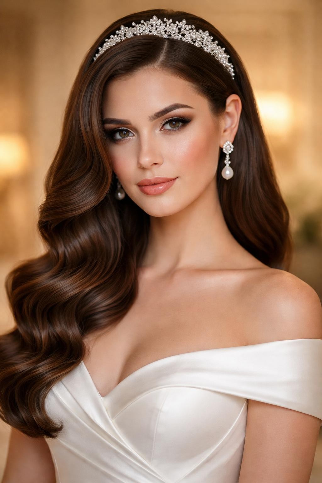 Image Prompt: A photorealistic bridal hairstyle close-up showing soft Hollywood waves on long brunette hair, glossy side-parted waves falling over one shoulder, a delicate crystal tiara placed slightly back from the hairline, elegant pearl earrings, off-shoulder satin wedding gown neckline, soft bridal makeup, warm indoor wedding suite lighting, luxury editorial bridal photography, shallow depth of field, no text, no watermark, no watermarks on images.
