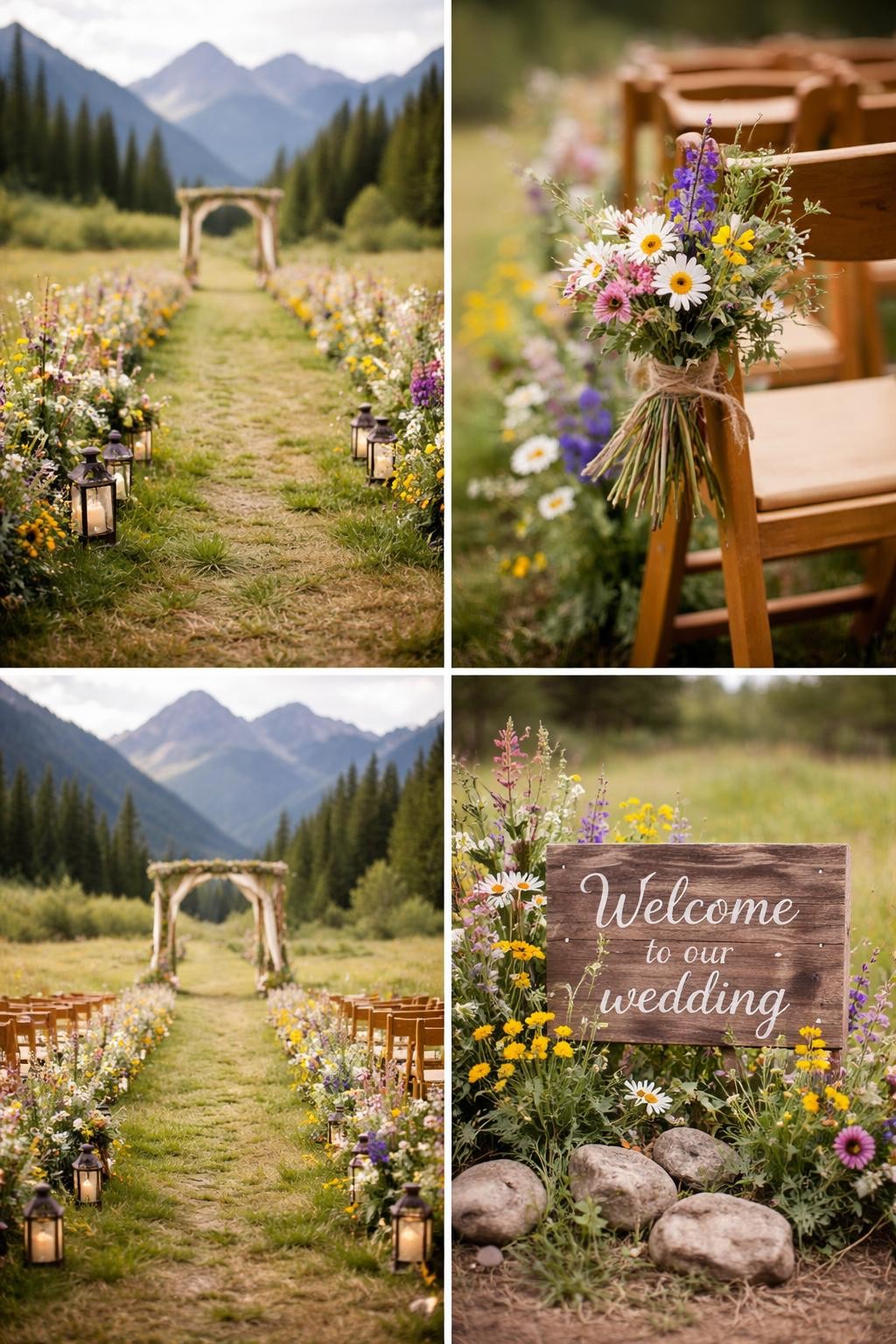 Image Prompt: A professional 4-grid wedding decor collage showing a Rocky Mountain wildflower wedding aisle, top-left image featuring a meadow aisle lined with colorful wildflowers, grasses, and small lanterns, top-right image showing close-up wildflower bunches tied to wooden chairs, bottom-left image showing the aisle leading toward a simple mountain ceremony setup, bottom-right image showing a rustic sign surrounded by wildflowers and stones, outdoor meadow wedding decor, soft natural light, no faces, no watermarks on images.